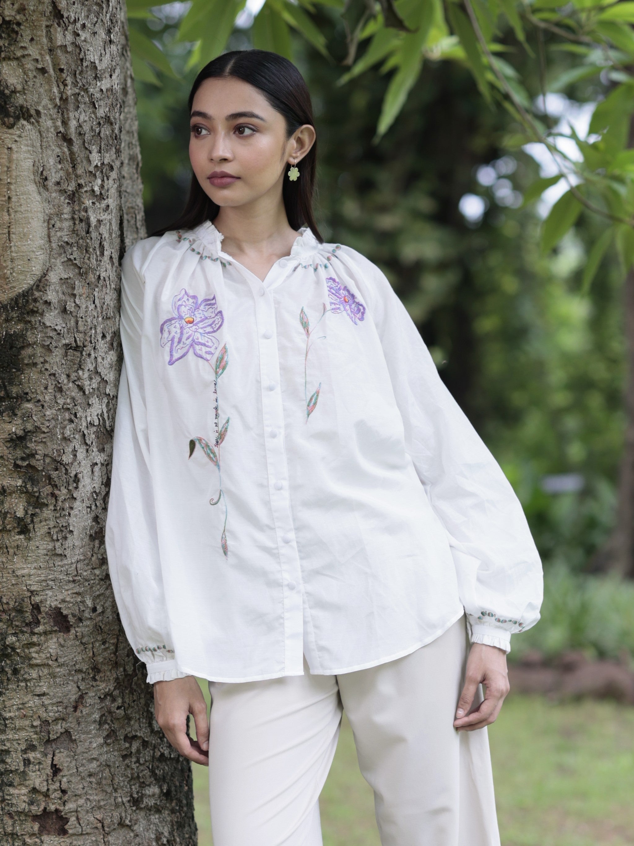 There Is No Maybe in Love . White blouse with Flower Embroidery