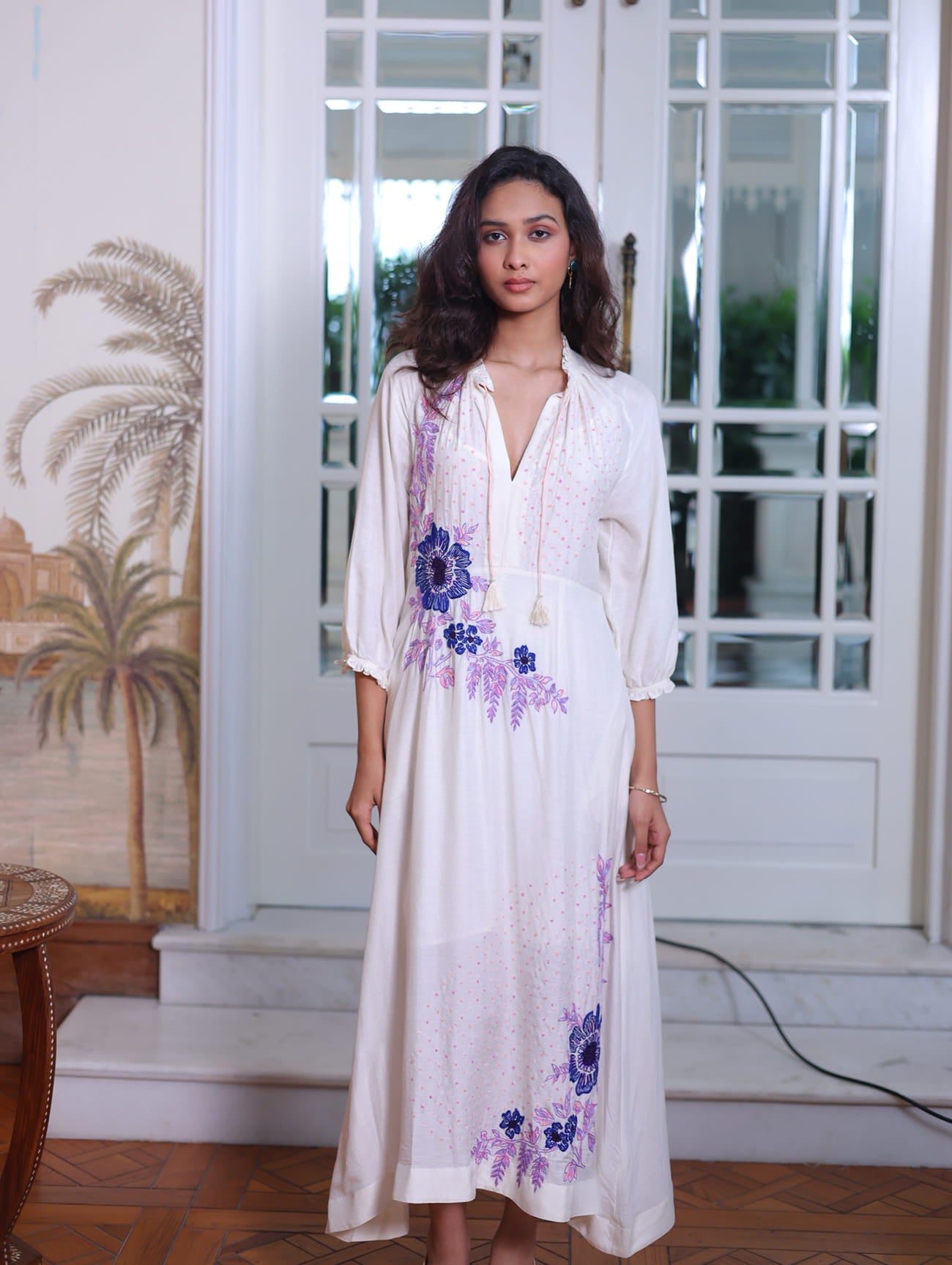 VEENA DRESS WITH GLOBE LILY EMBROIDERY