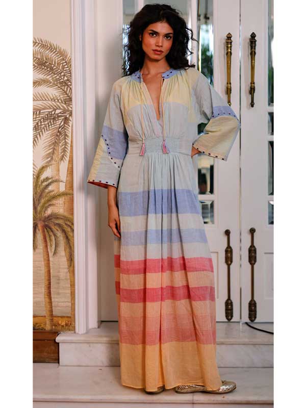 white christmas dresses Green Multi Checkered Handloom Cotton Midi Dress with Embroidery Large