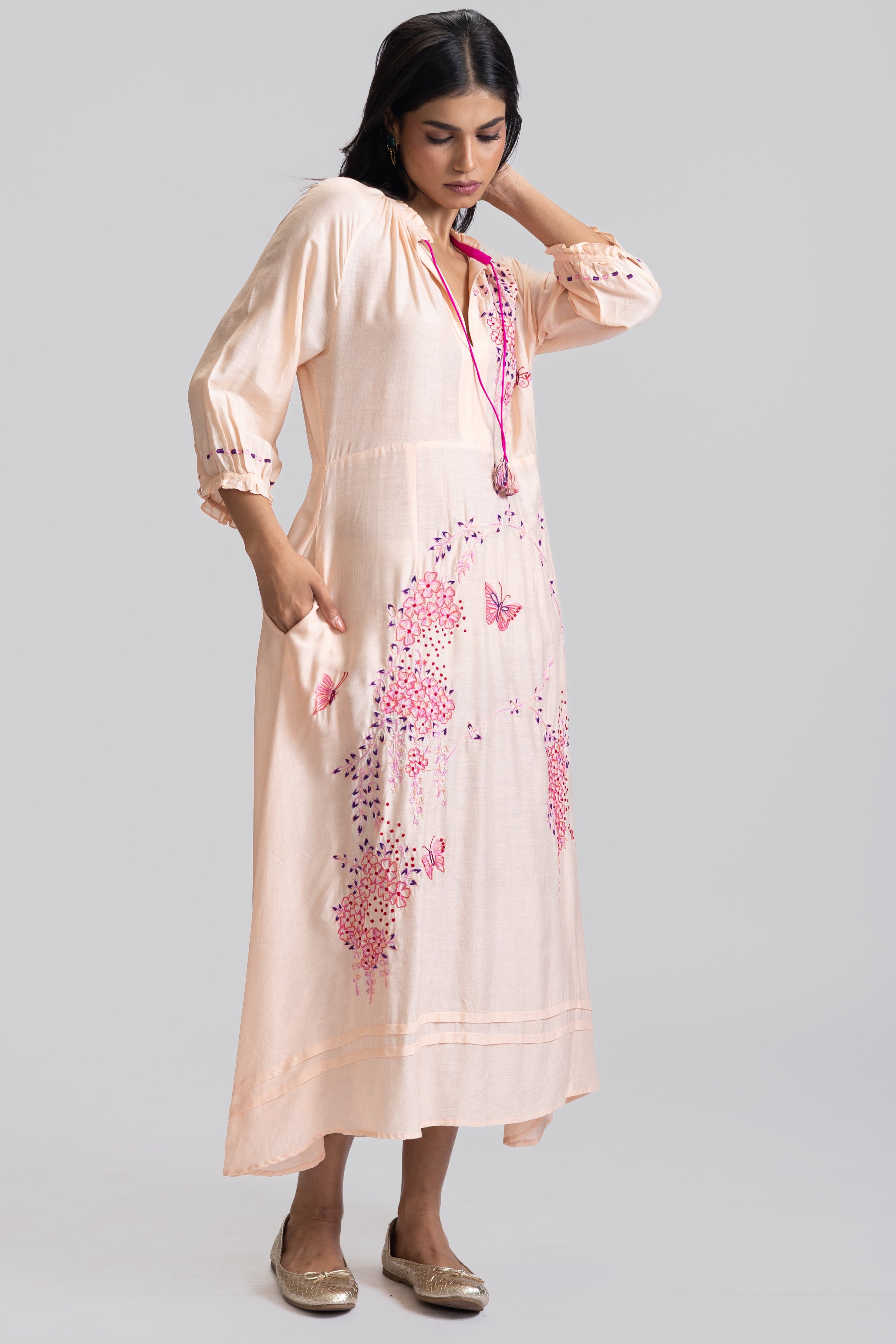 VEENA GATHERS DRESS WITH FALLING FLOWERS EMBROIDERY