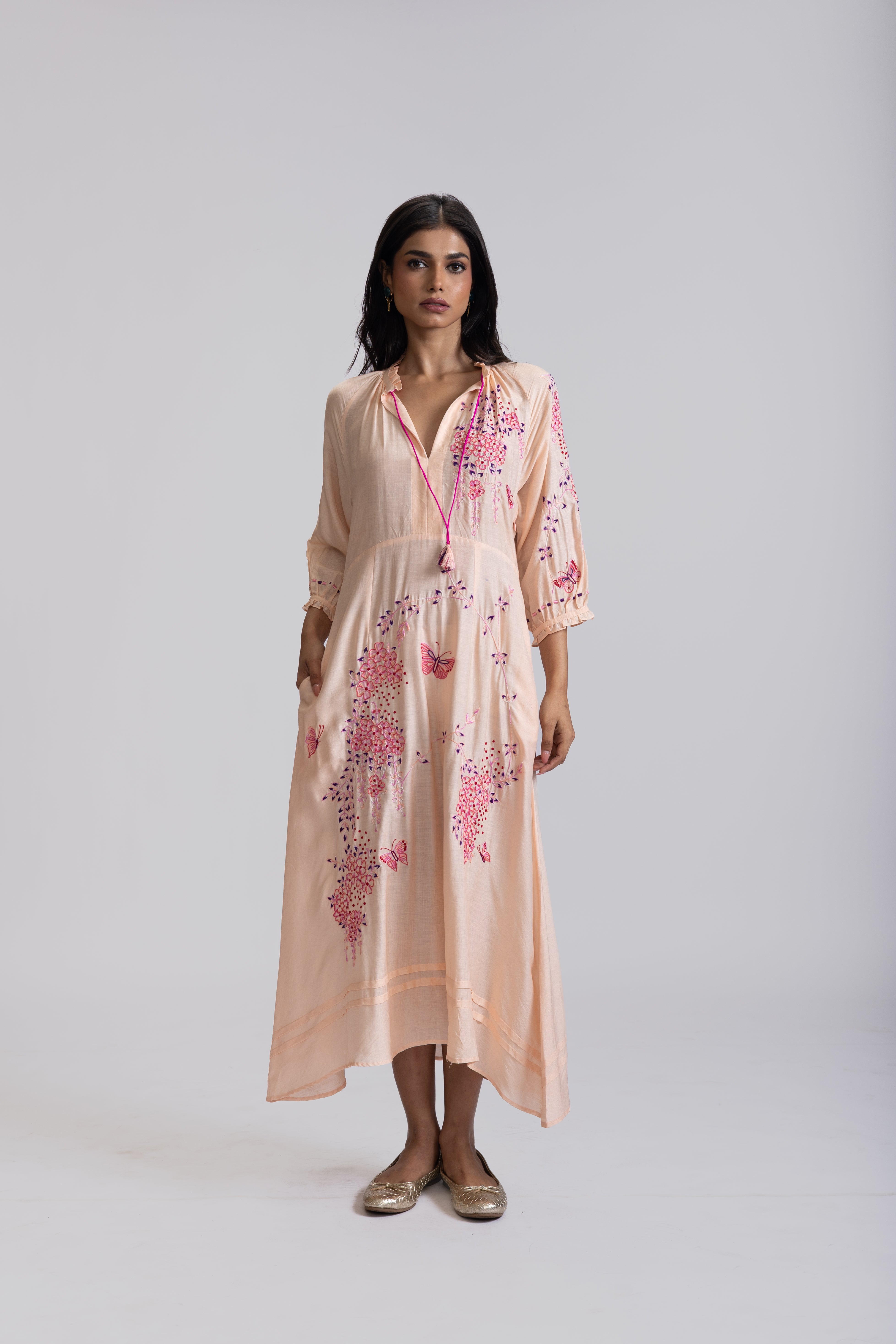 VEENA GATHERS DRESS WITH FALLING FLOWERS EMBROIDERY