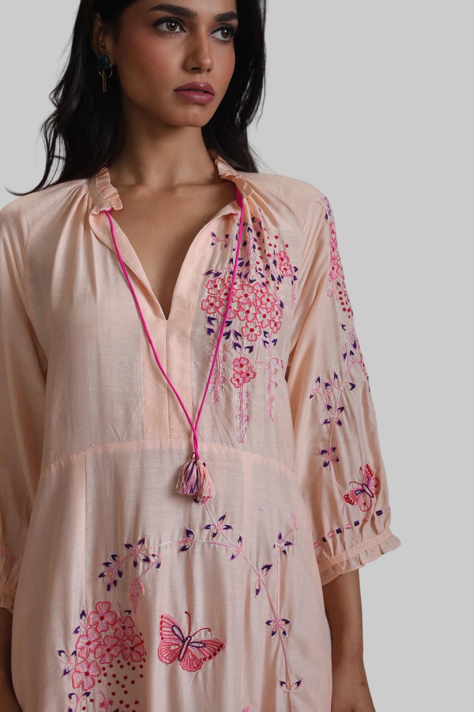 VEENA GATHERS DRESS WITH FALLING FLOWERS EMBROIDERY