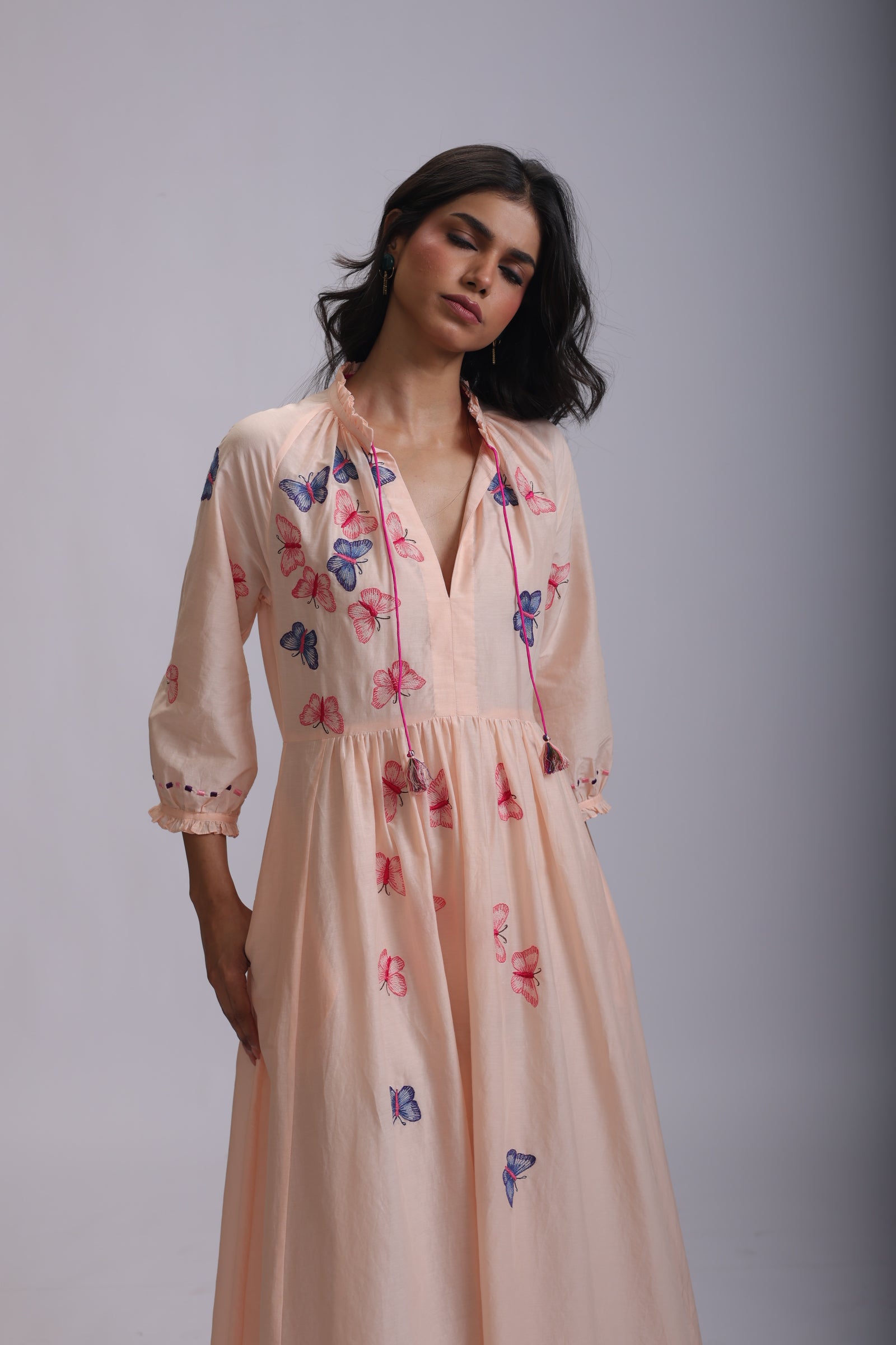 VEENA GATHERS DRESS WITH BUTTERFLIES EMBROIDERY