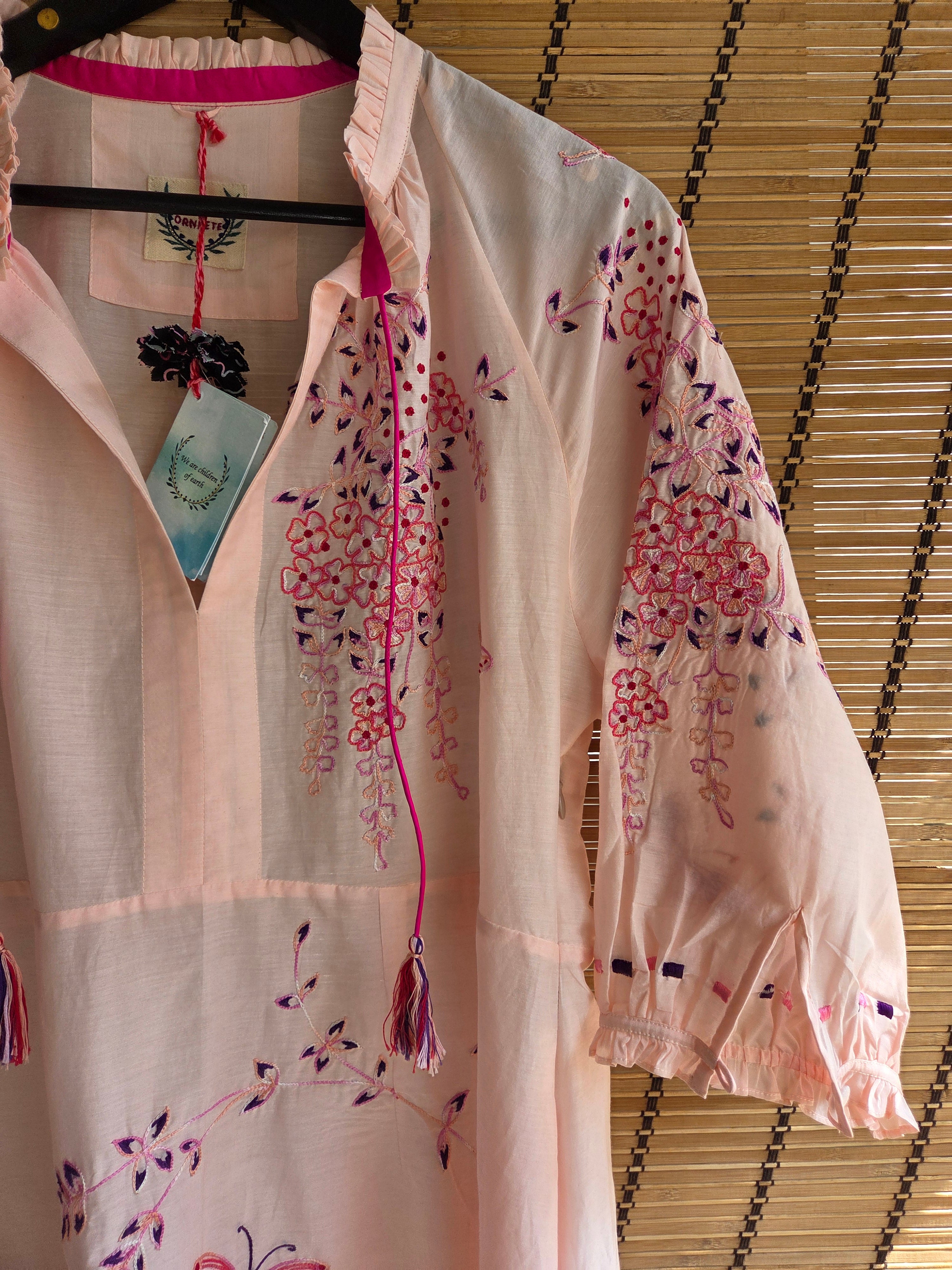 VEENA GATHERS DRESS WITH FALLING FLOWERS EMBROIDERY