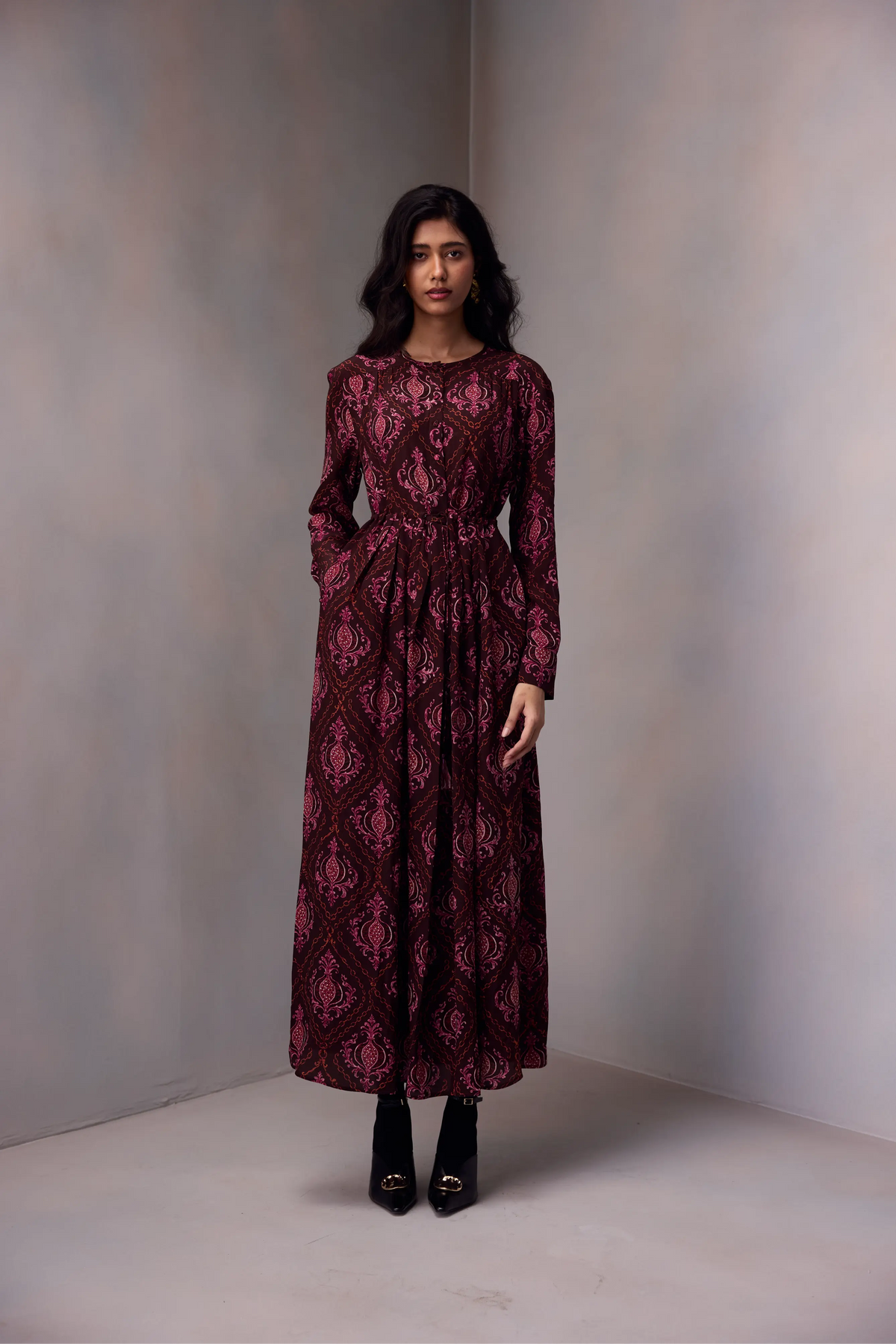 Deeya Midi length Dress In Printed Silk