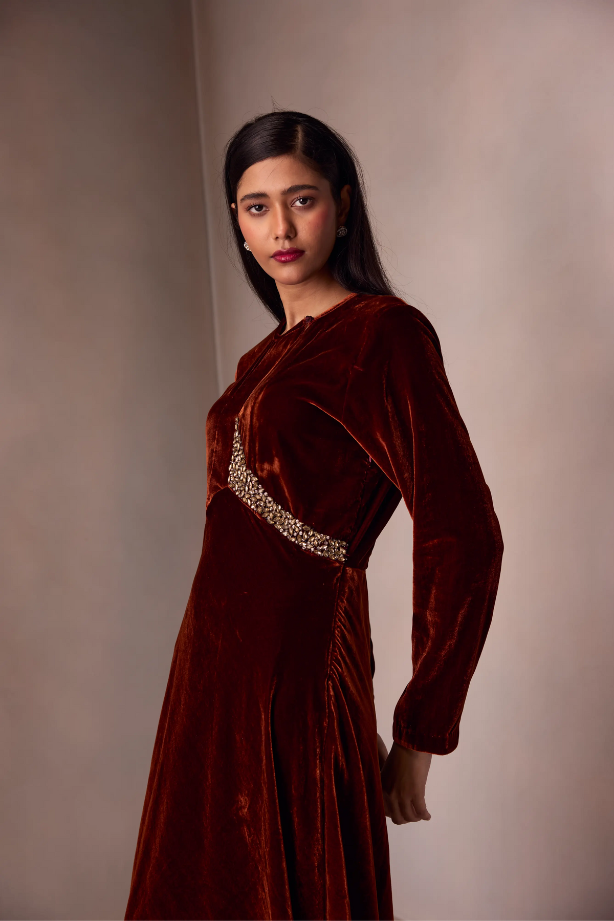 Diagonal Neck Dress Evening In Silk Velvet With Waist Embroidery