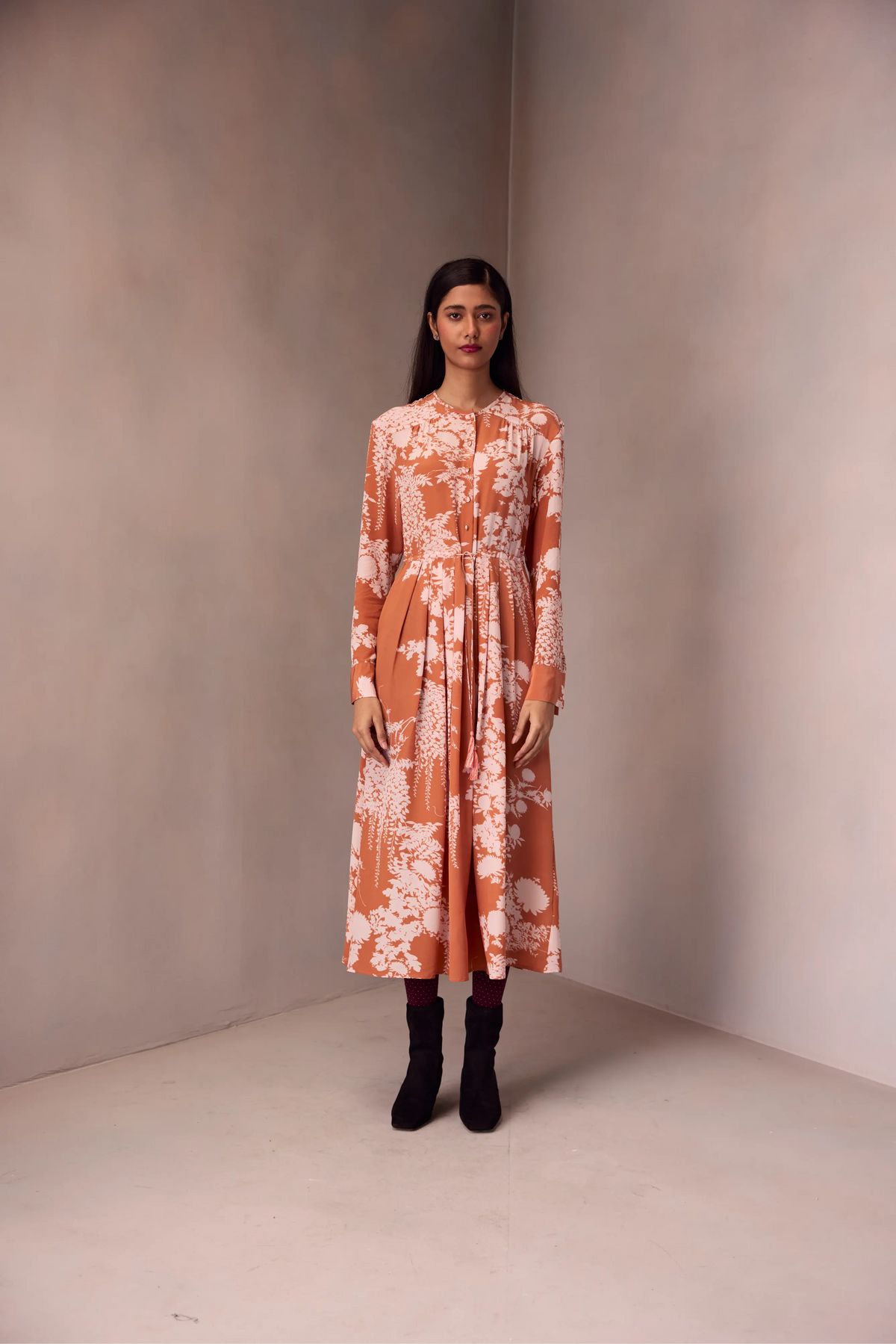 Deeya Midi length Dress In Printed Silk