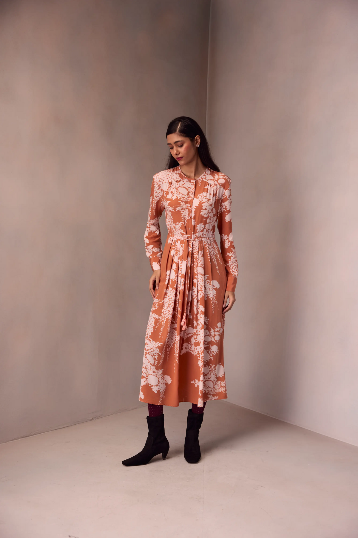 Deeya Midi length Dress In Printed Silk