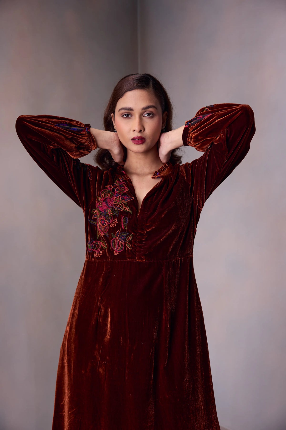 Veena Dress In Silk Velvet Pomegranate Emroidery