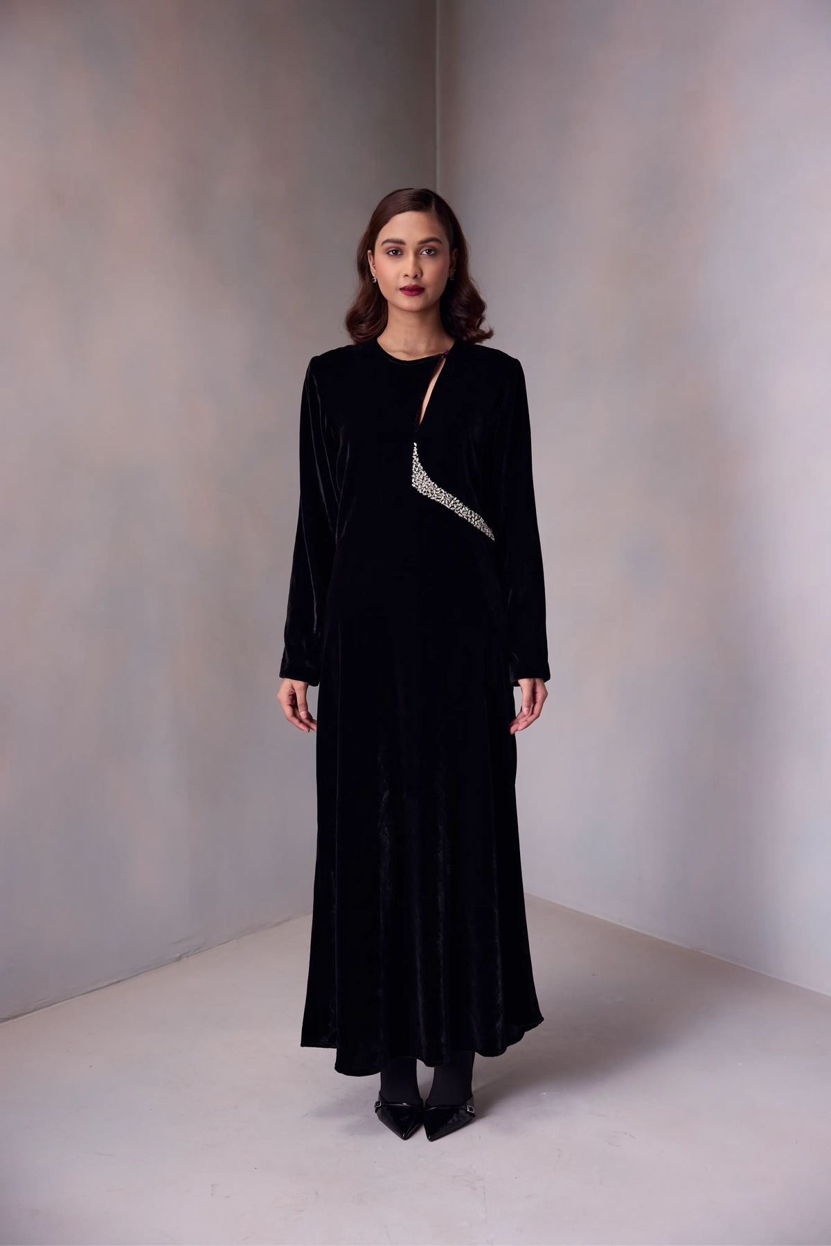 Diagonal Neck Dress Evening In Silk Velvet With Waist Embroidery