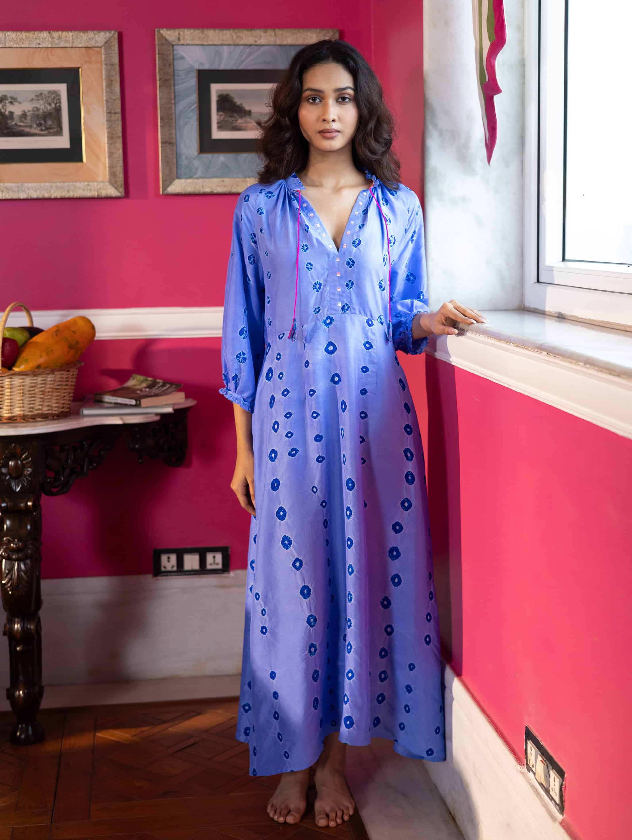 VEENA PRINTED SILK BATIK DRESS (BATIK RAIN BLUE)