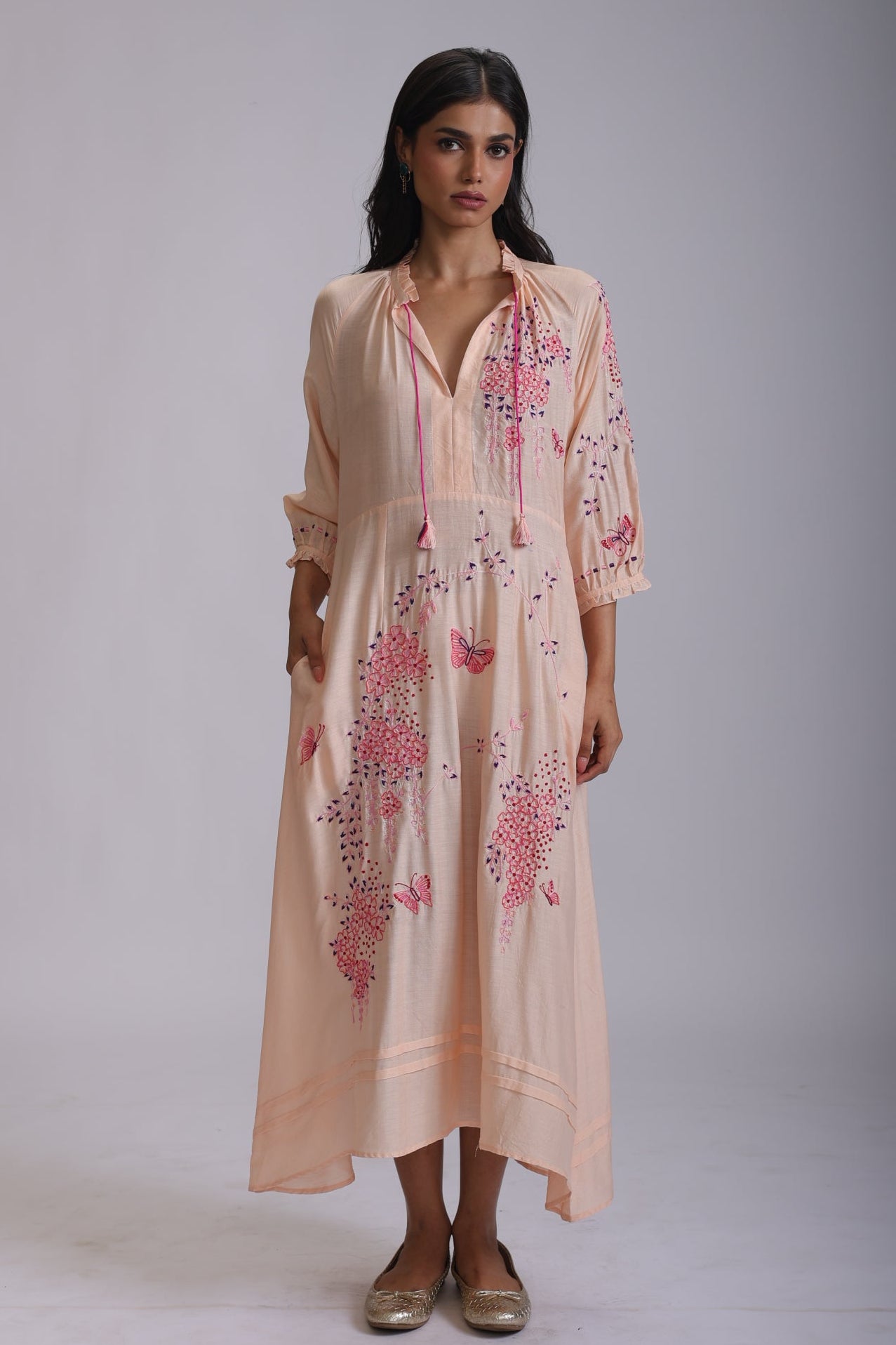 VEENA GATHERS DRESS WITH FALLING FLOWERS EMBROIDERY