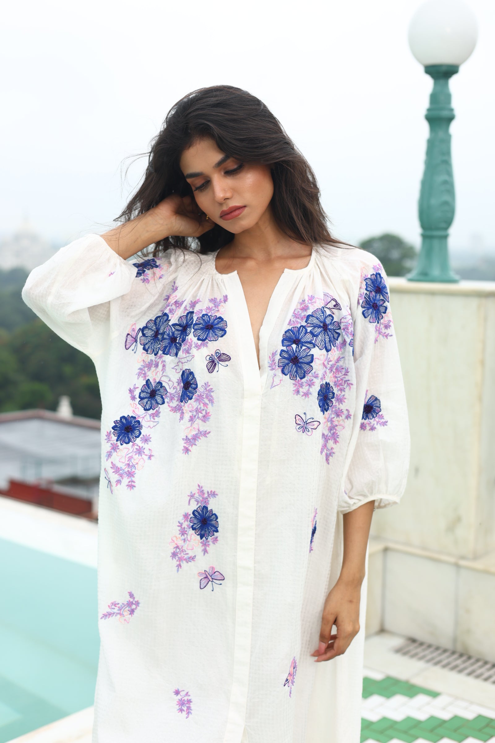 BOHO SHIRT DRESS MARIE LILY EMBROIDERED IN COTTON SILK (WHITE)
