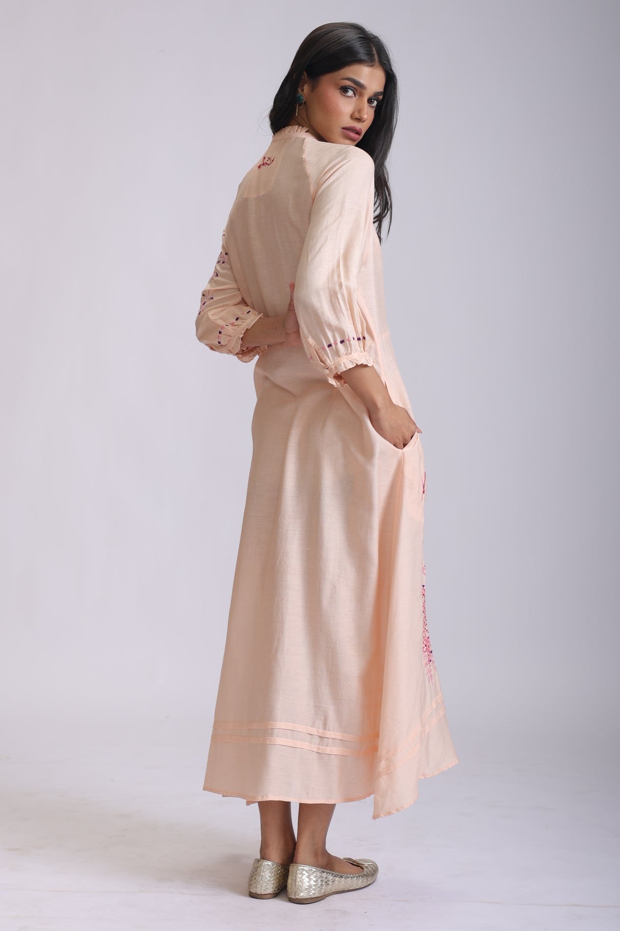 VEENA GATHERS DRESS WITH FALLING FLOWERS EMBROIDERY