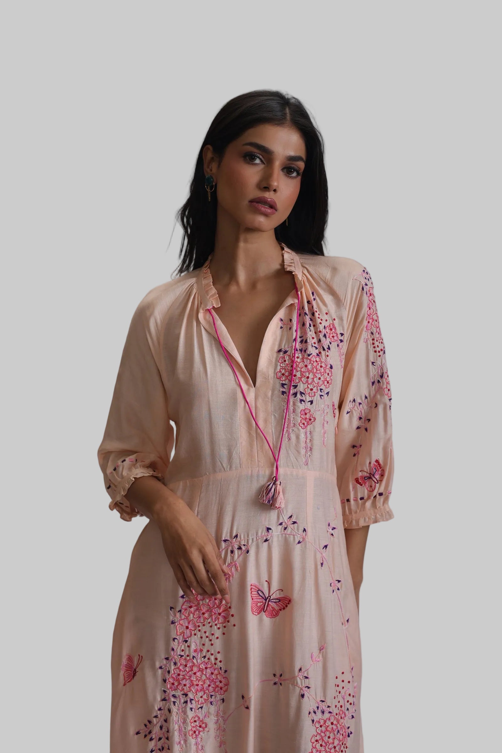 VEENA GATHERS DRESS WITH FALLING FLOWERS EMBROIDERY