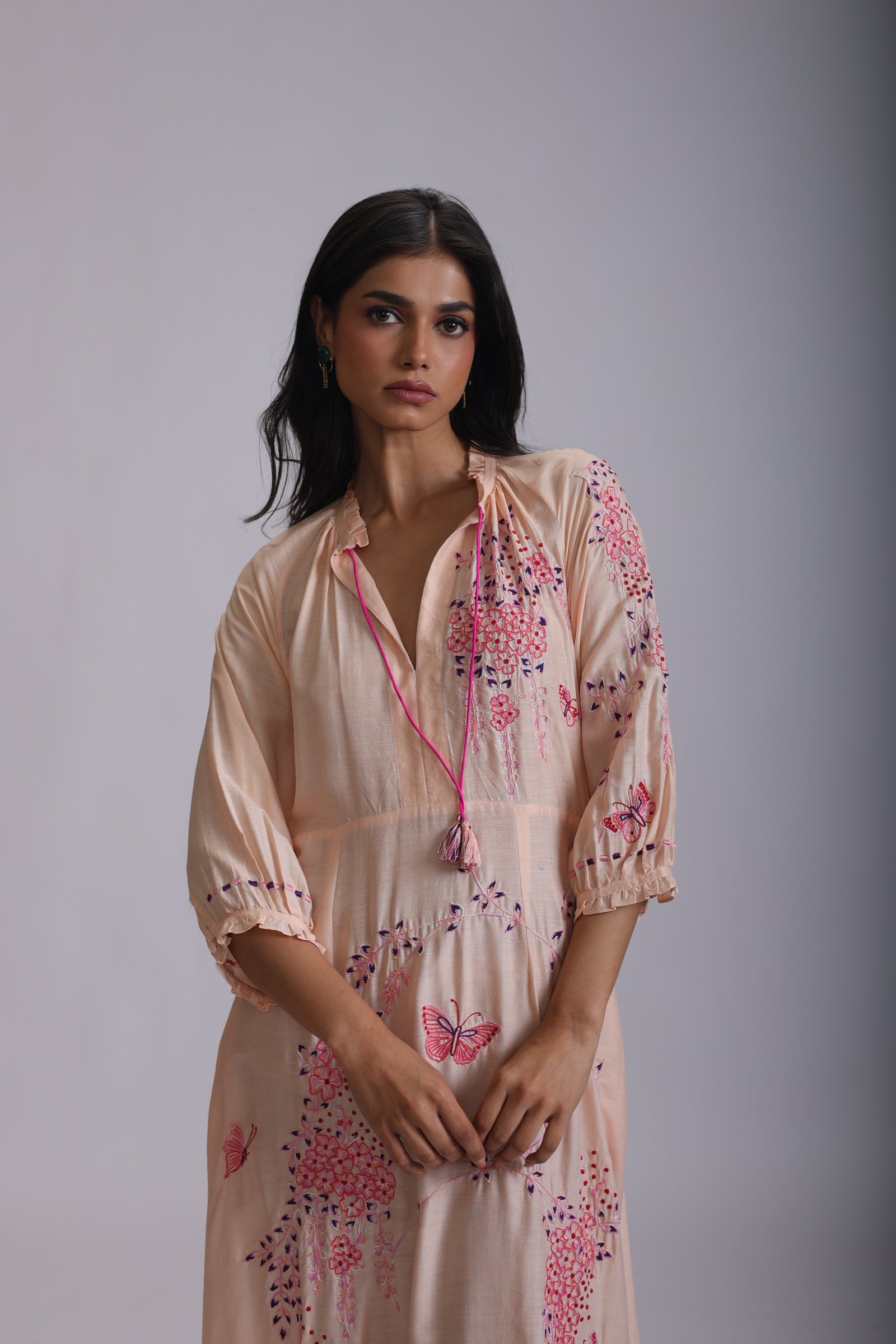 VEENA GATHERS DRESS WITH FALLING FLOWERS EMBROIDERY