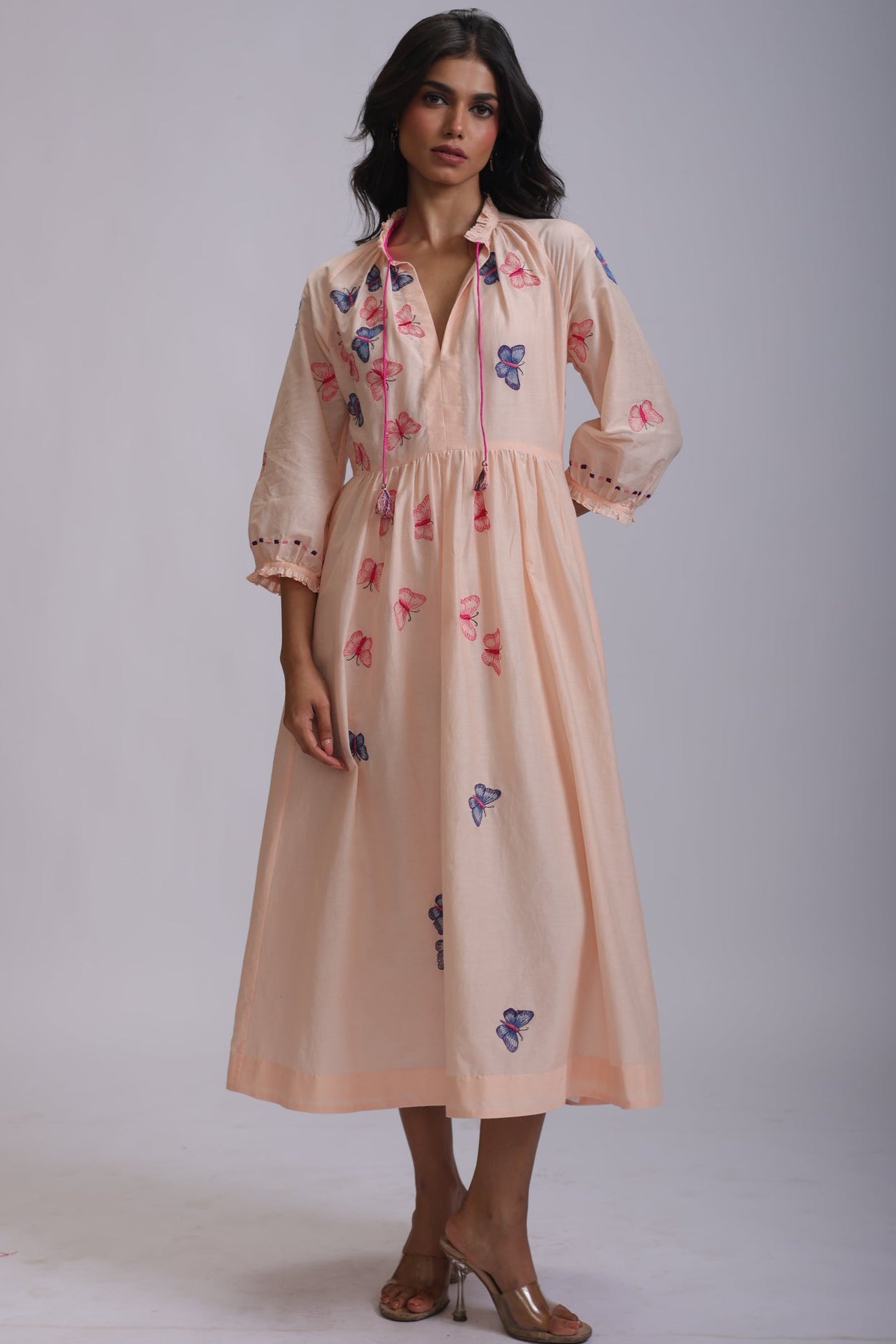 VEENA GATHERS DRESS WITH BUTTERFLIES EMBROIDERY