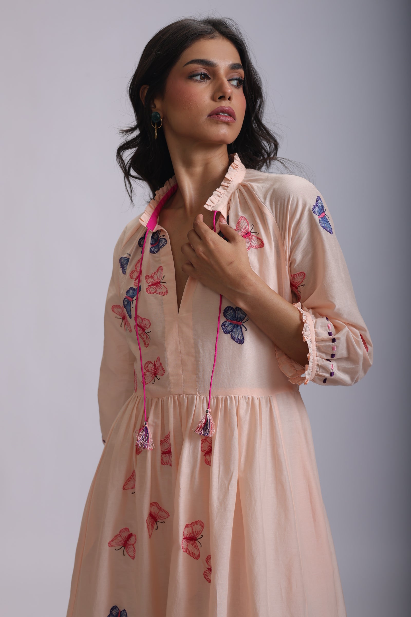 VEENA GATHERS DRESS WITH BUTTERFLIES EMBROIDERY