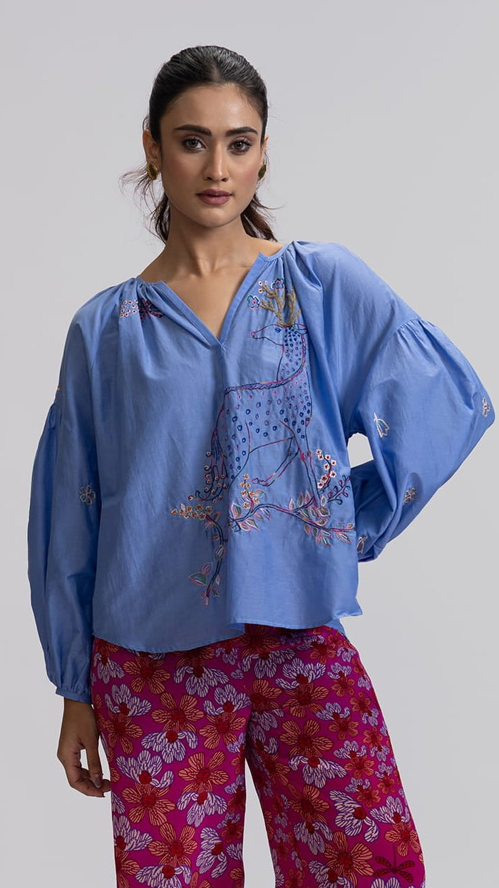 IRMA BLOUSE DEER EMBROIDERY