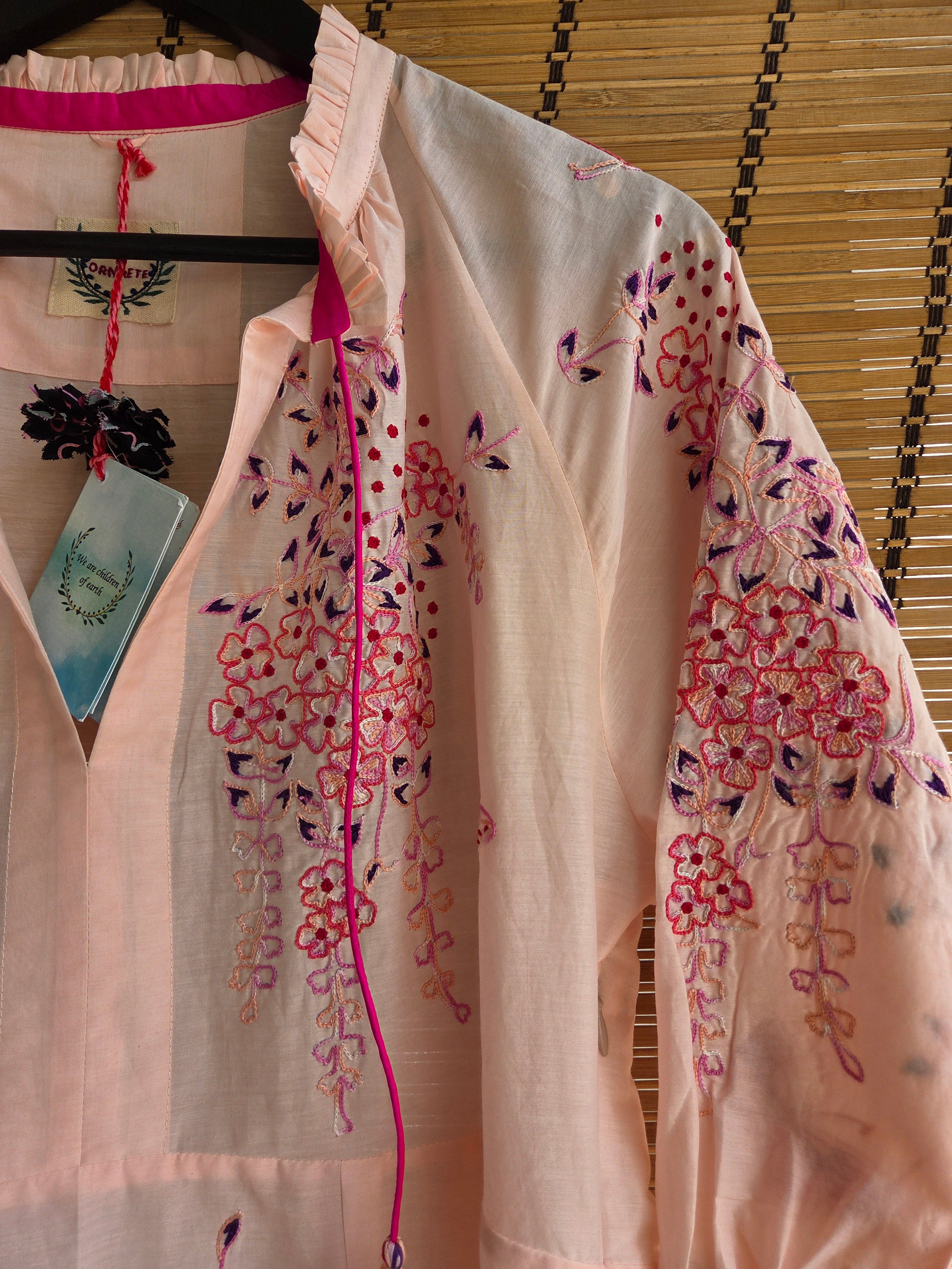 VEENA GATHERS DRESS WITH FALLING FLOWERS EMBROIDERY