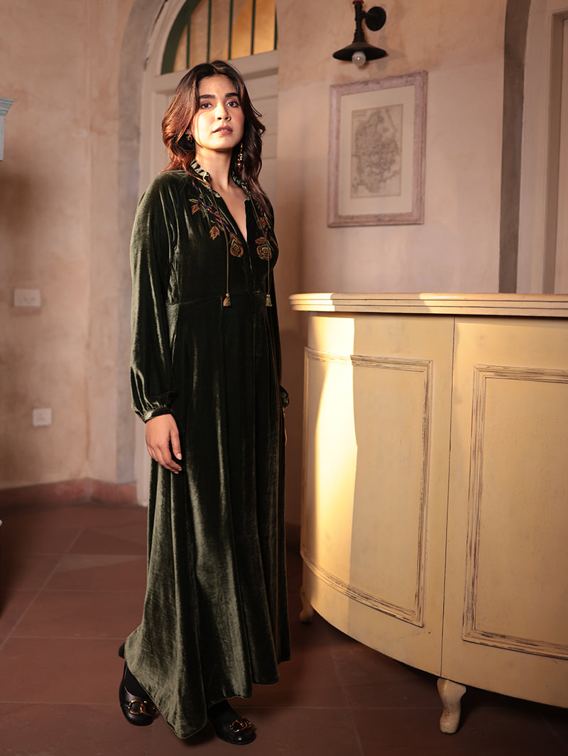 VEENA LONG DRESS WITH GLOWING ROSE EMBROIDERY