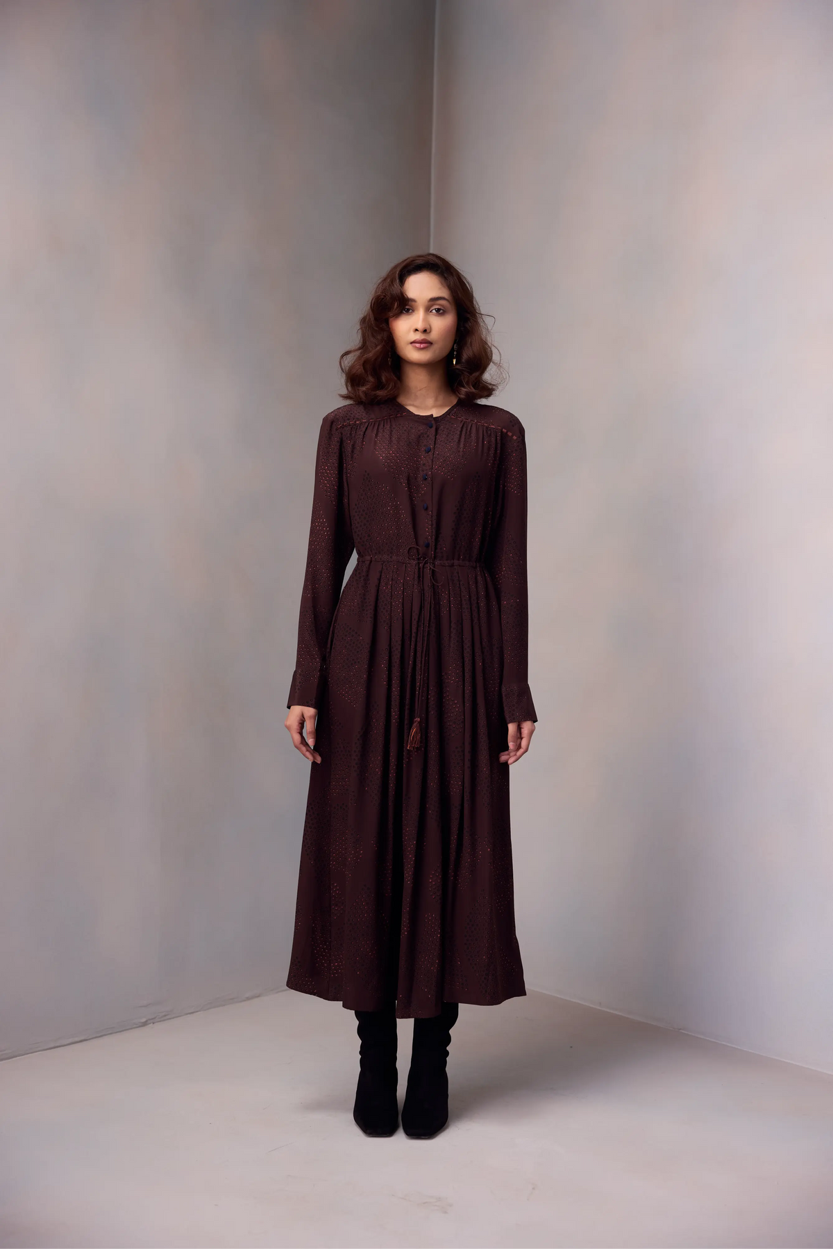 Deeya Midi length Dress In Printed Silk