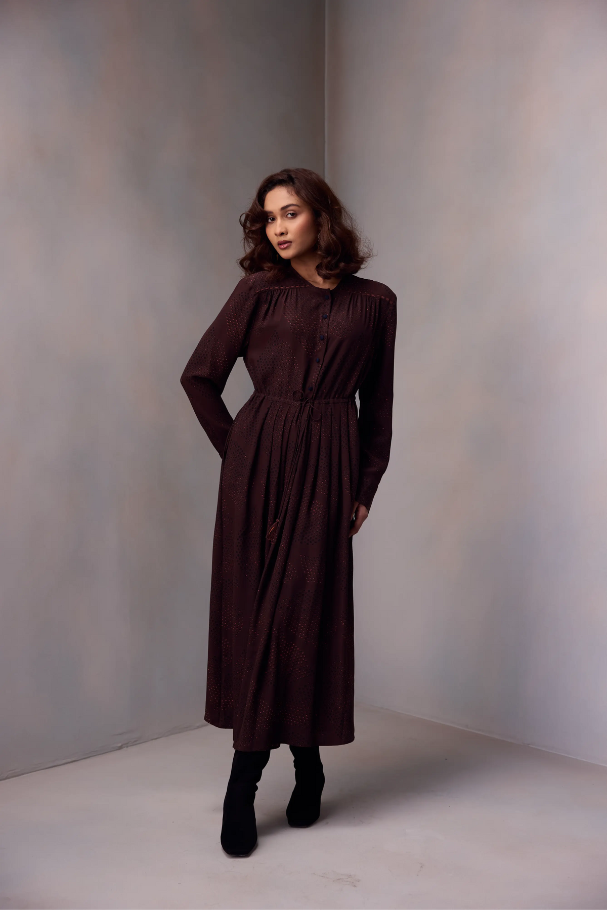 Deeya Midi length Dress In Printed Silk