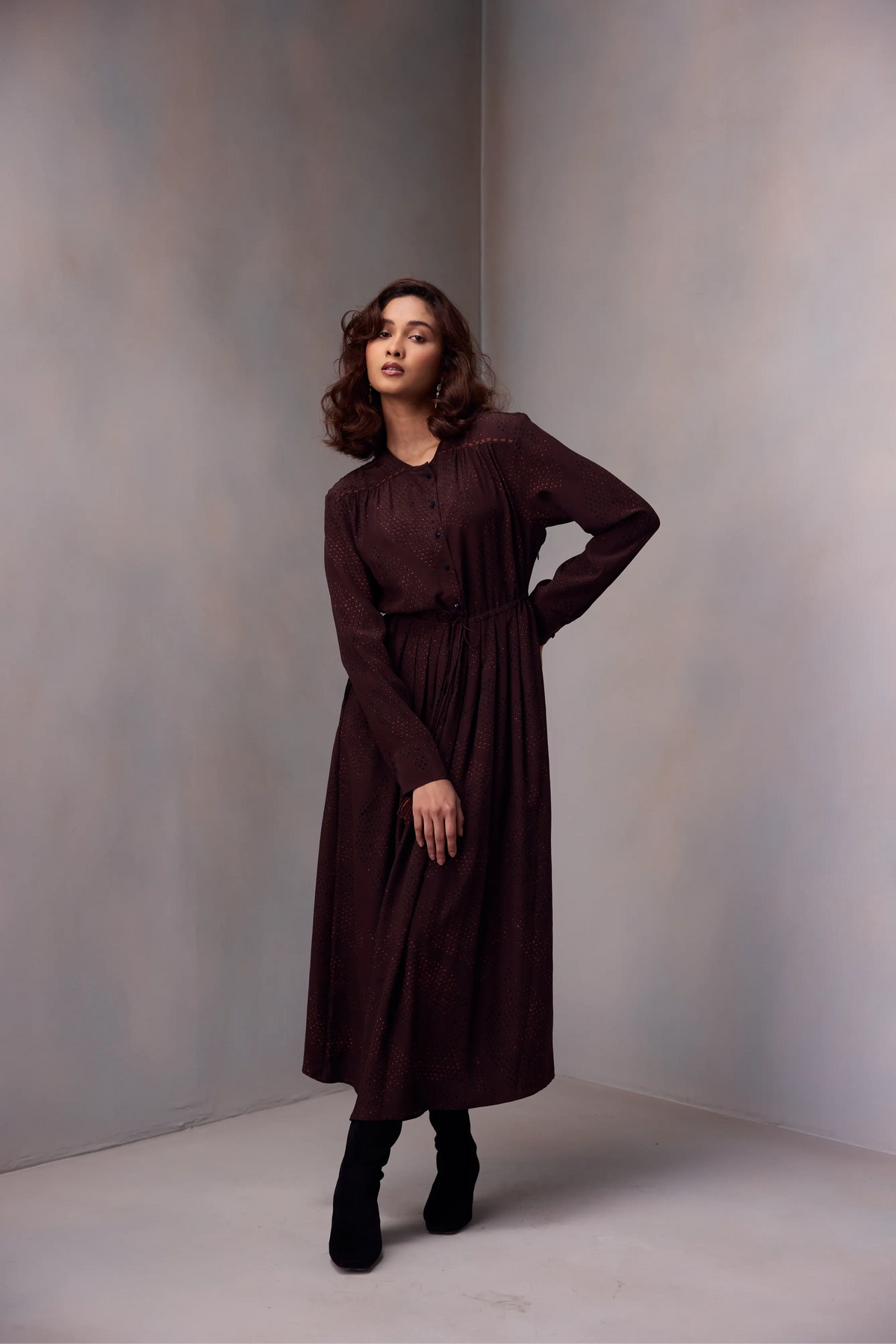 Deeya Midi length Dress In Printed Silk