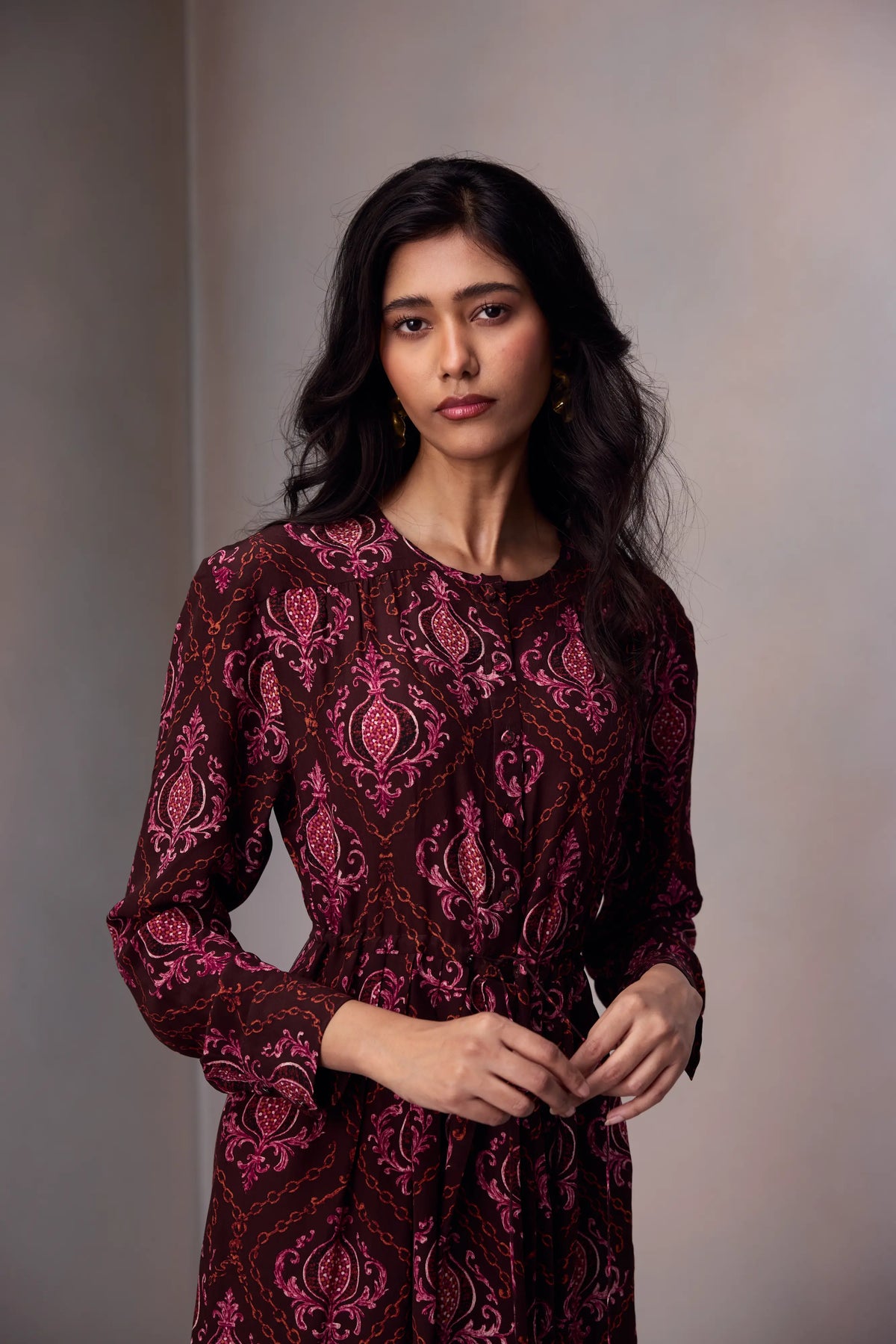 Deeya Midi length Dress In Printed Silk
