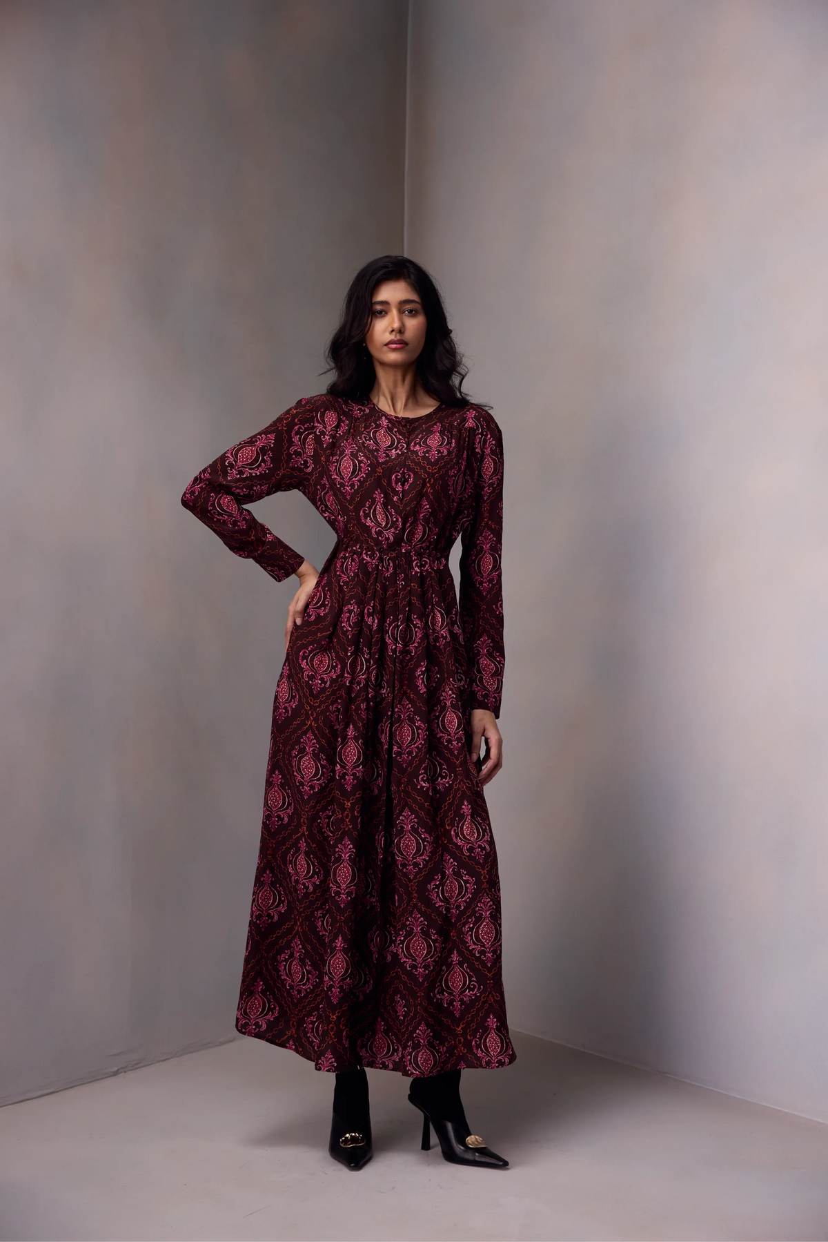 Deeya Midi length Dress In Printed Silk
