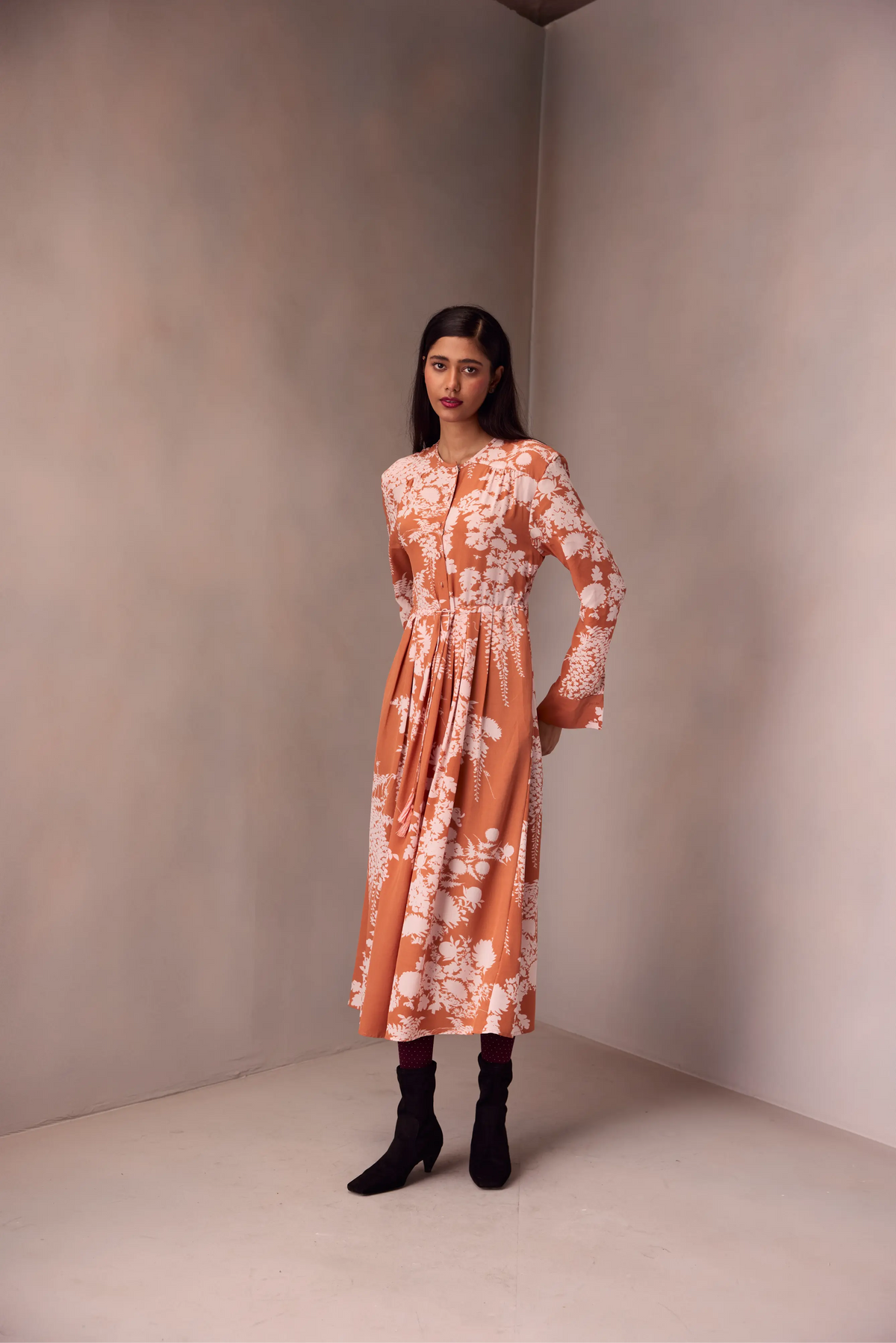 Deeya Midi length Dress In Printed Silk