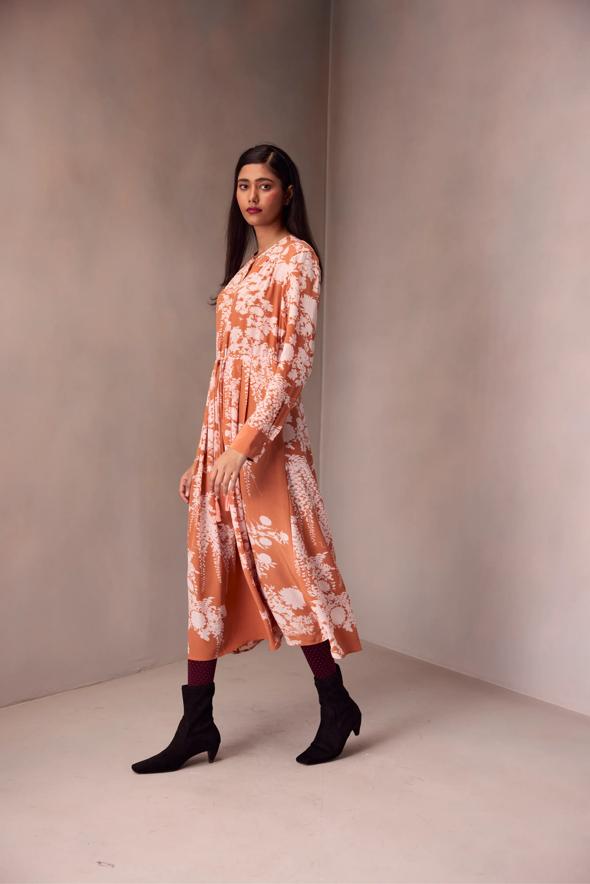 Deeya Midi length Dress In Printed Silk