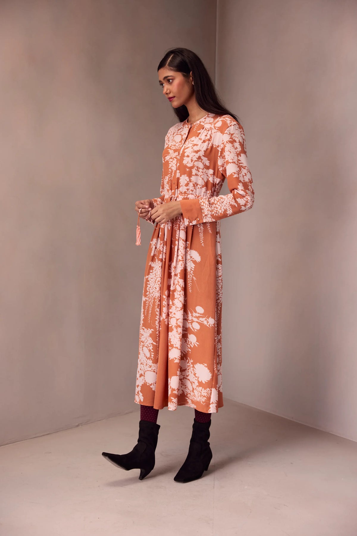 Deeya Midi length Dress In Printed Silk