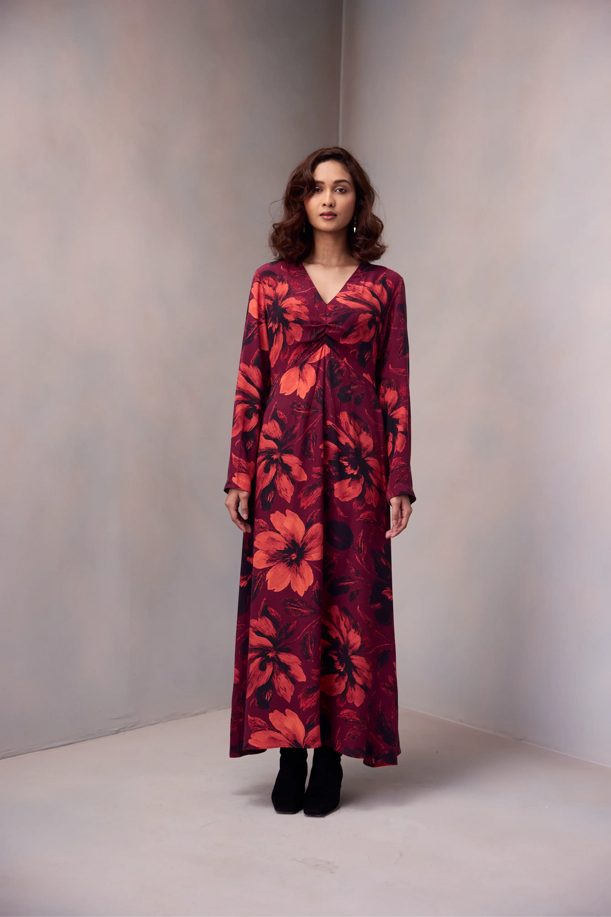 Waist Drape Dress In Printed Silk