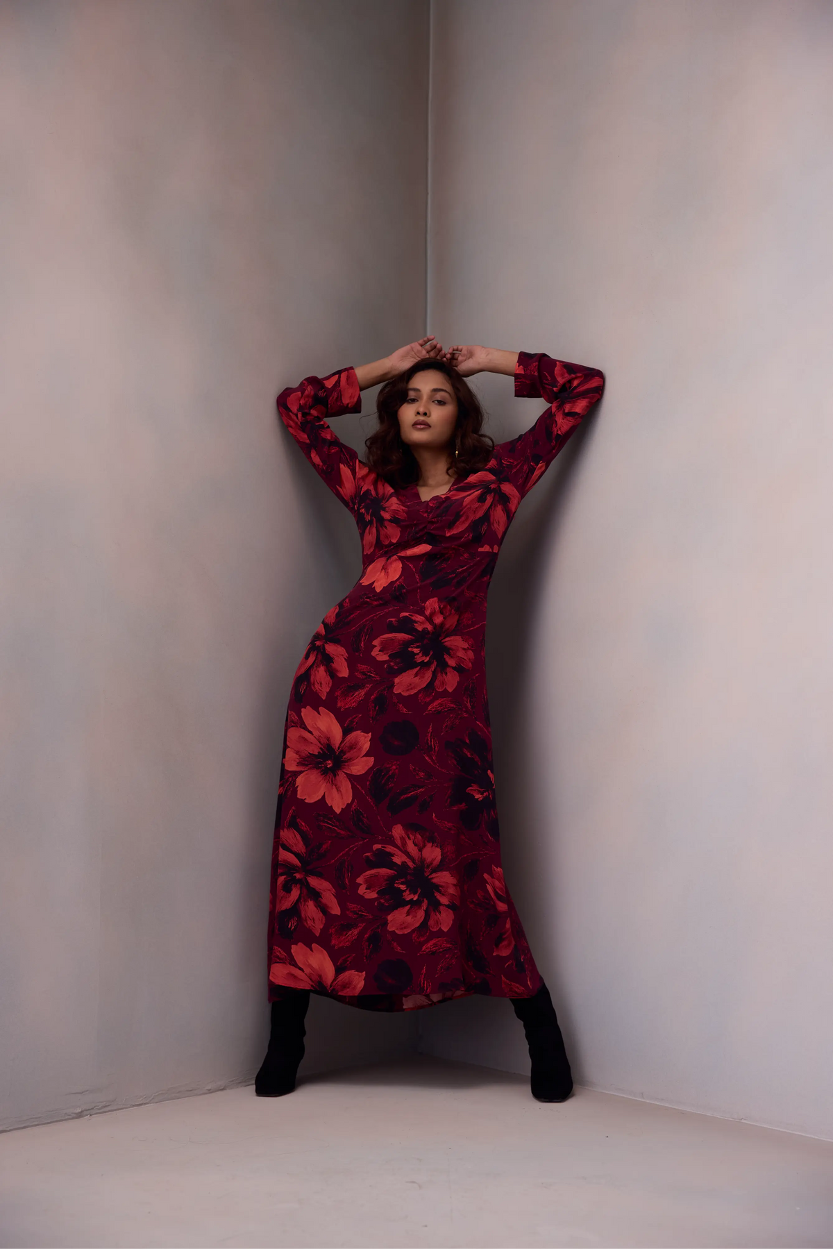 Waist Drape Dress In Printed Silk