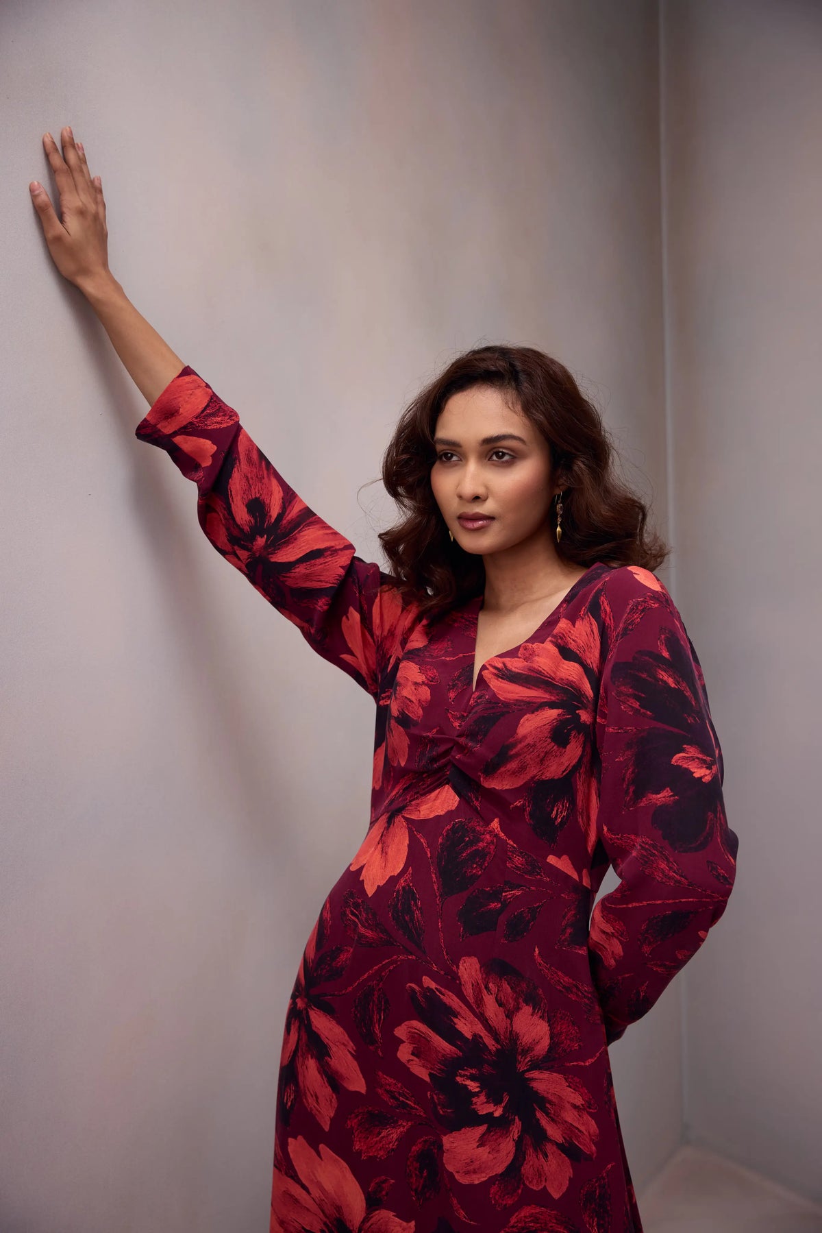 Waist Drape Dress In Printed Silk