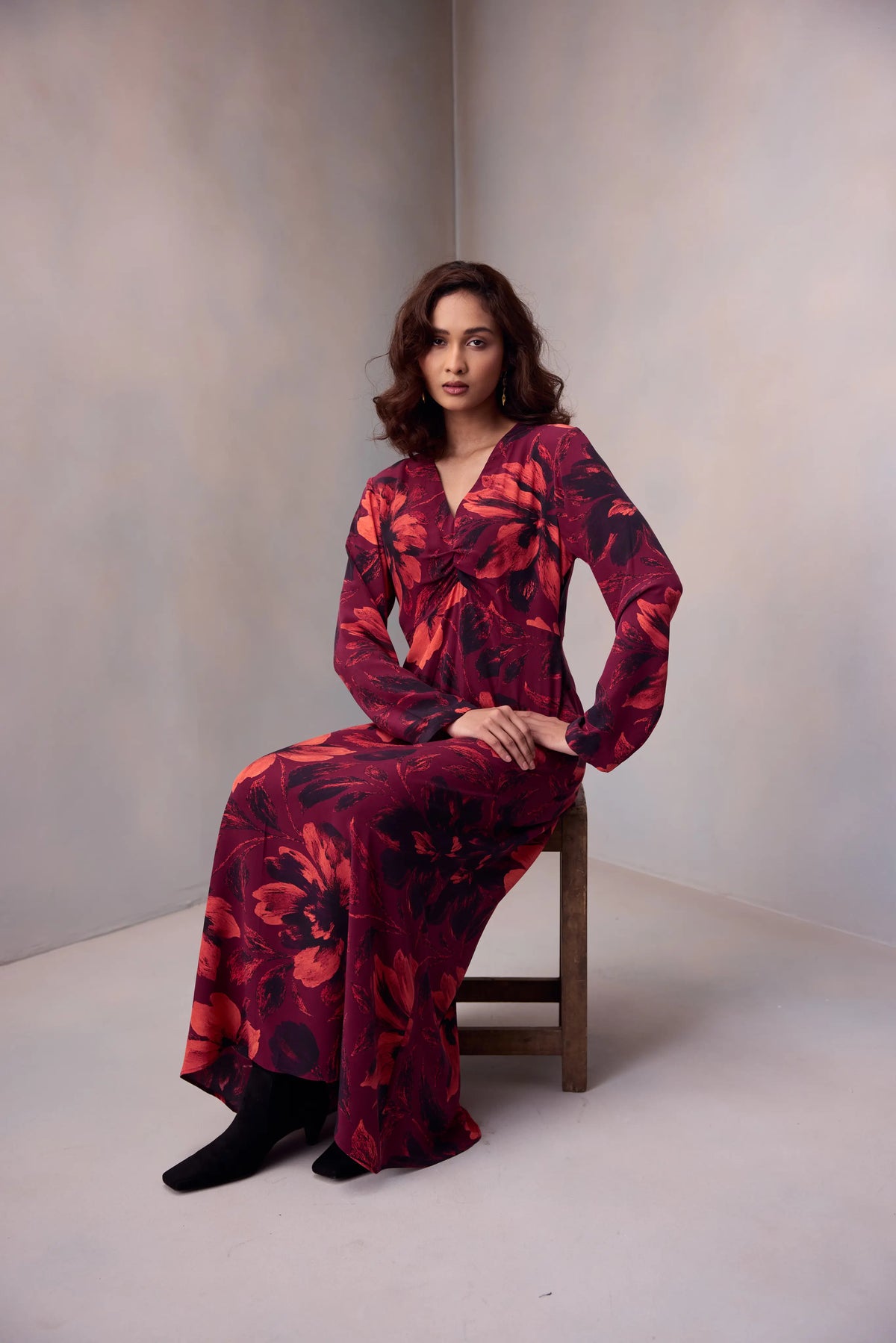 Waist Drape Dress In Printed Silk