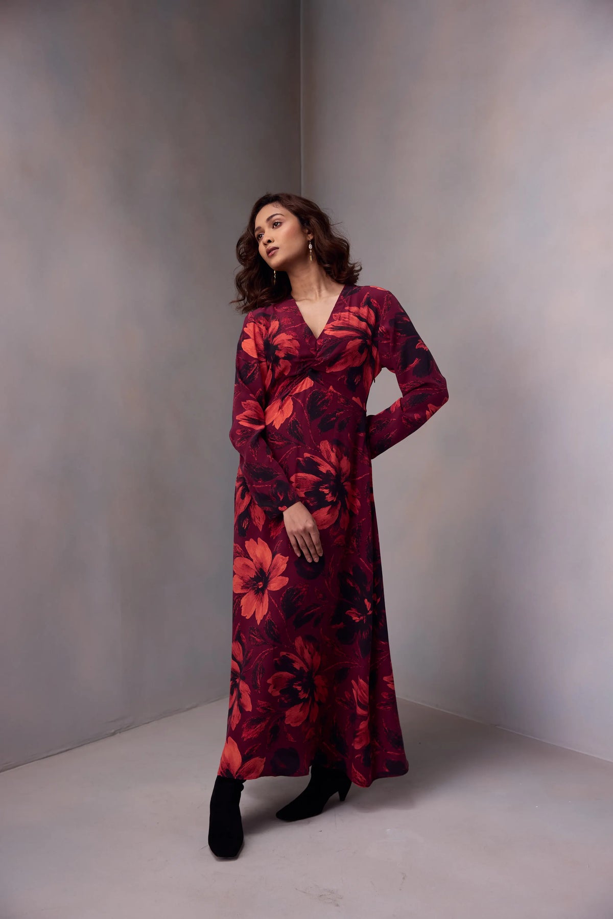 Waist Drape Dress In Printed Silk