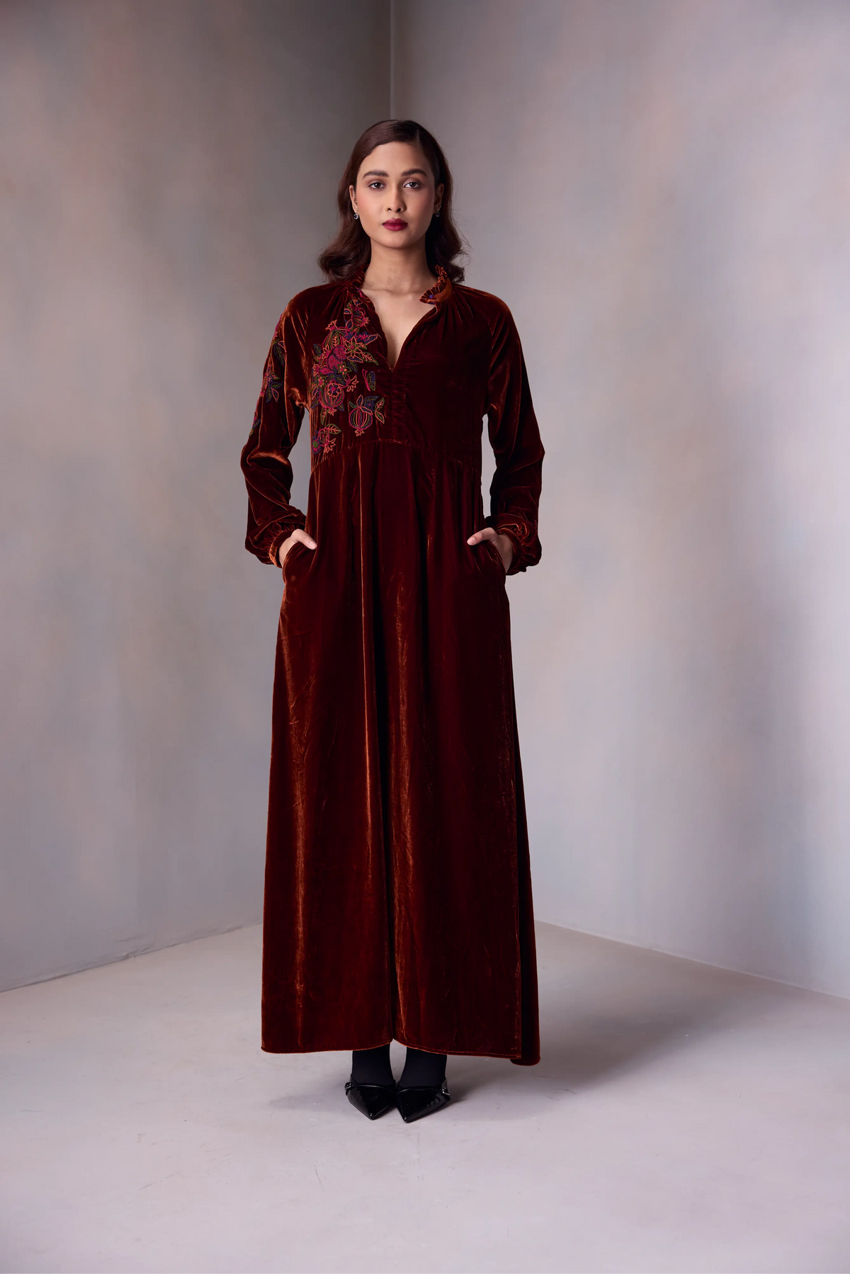Veena Dress In Silk Velvet Pomegranate Emroidery