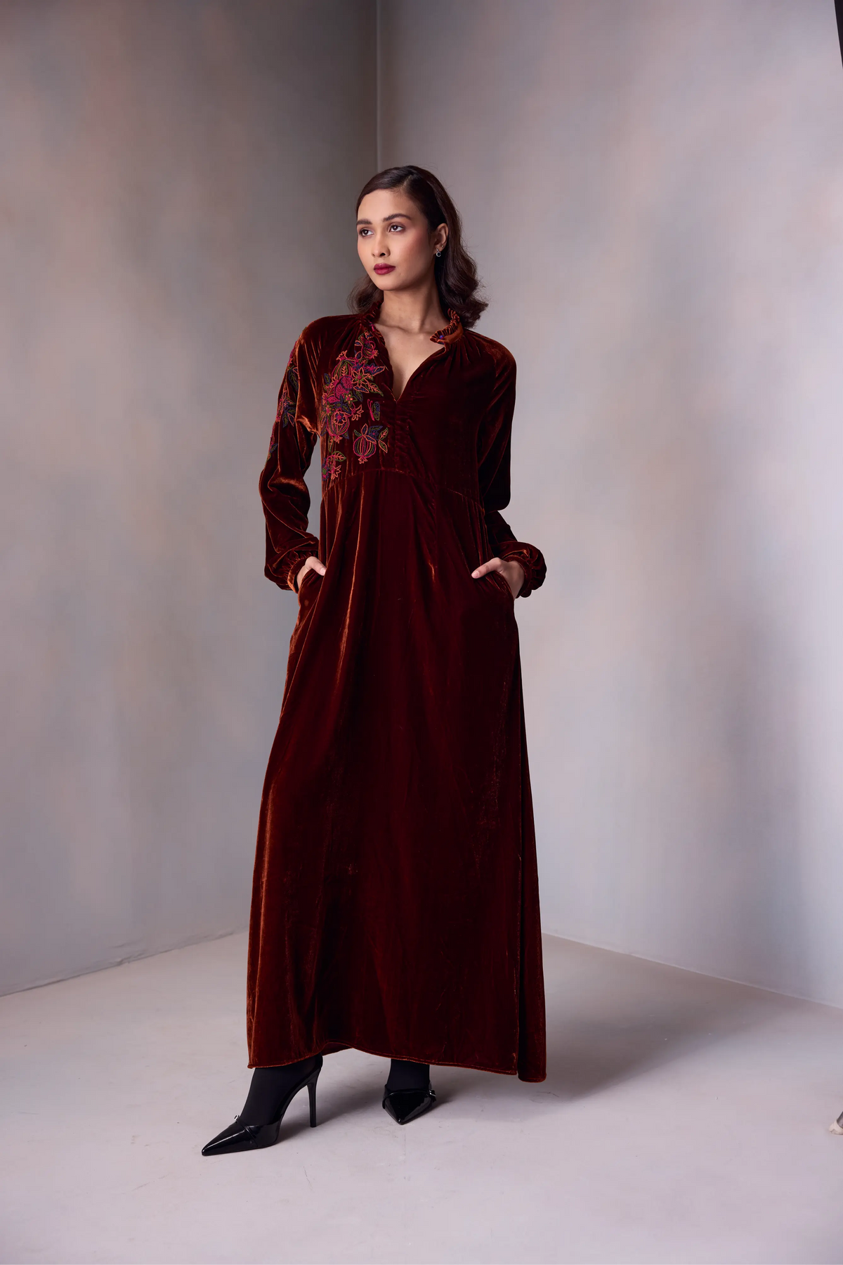 Veena Dress In Silk Velvet Pomegranate Emroidery