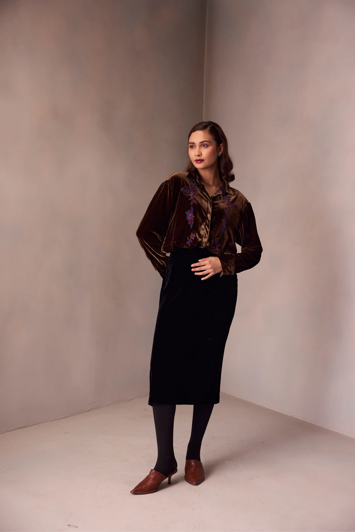 Yashika Blouse In Silk Velvet With  Pomegranate Embroidery