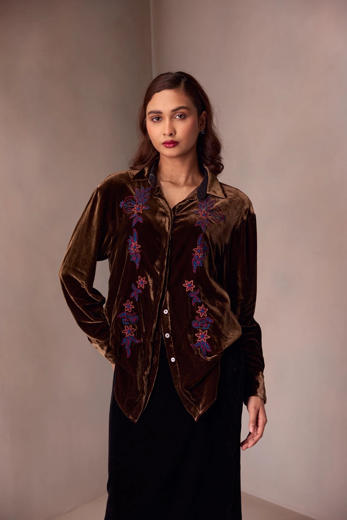 Yashika Blouse In Silk Velvet With  Pomegranate Embroidery