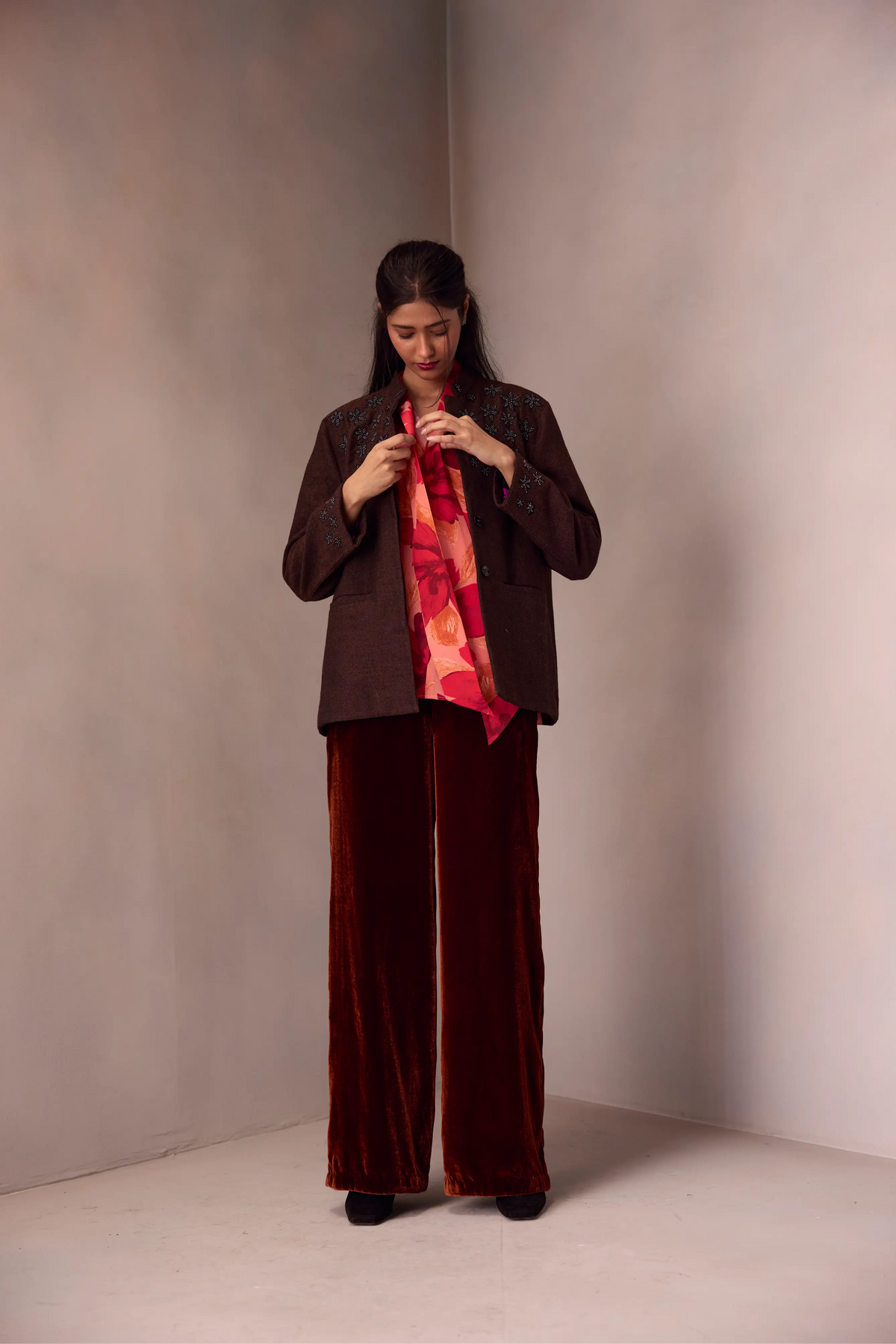 Sameera Jacket In Merino Wool With Flowers Embroidery