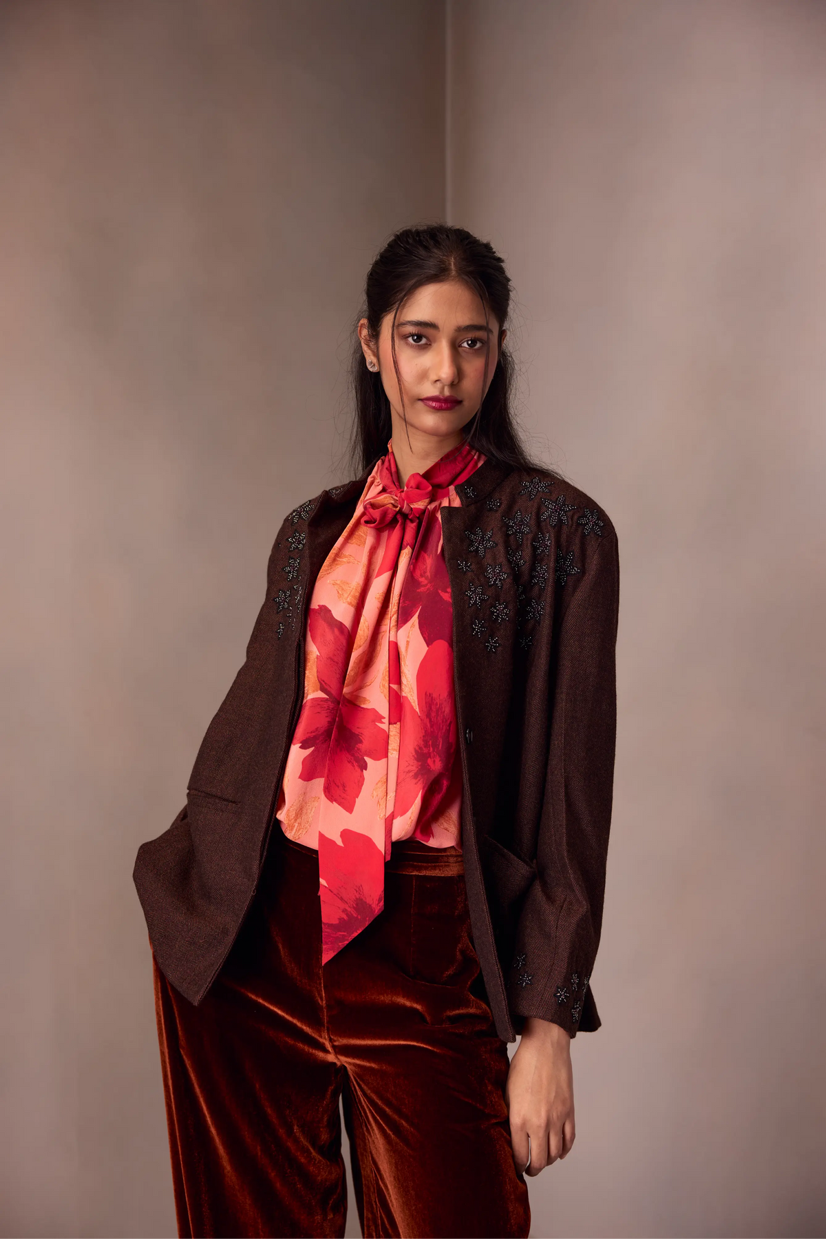 Sameera Jacket In Merino Wool With Flowers Embroidery