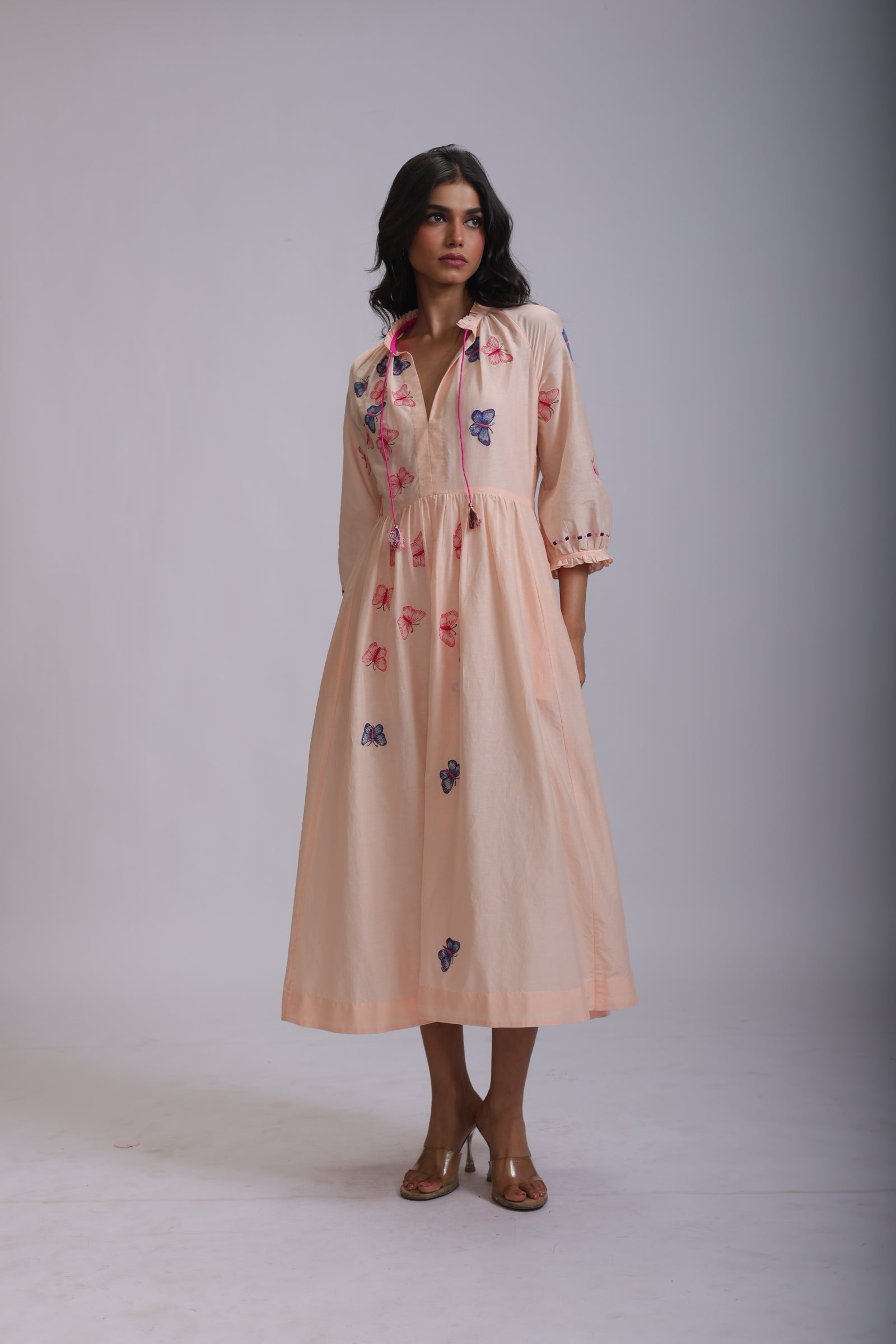 VEENA GATHERS DRESS WITH BUTTERFLIES EMBROIDERY
