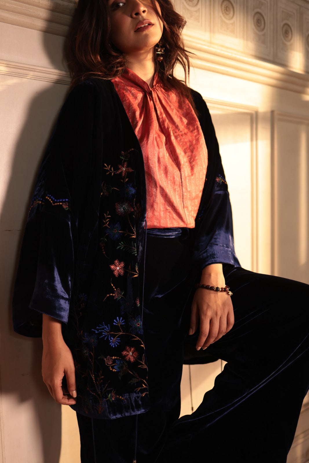 SILK VELVET KIMONO WITH PARSI EMBROIDERY)