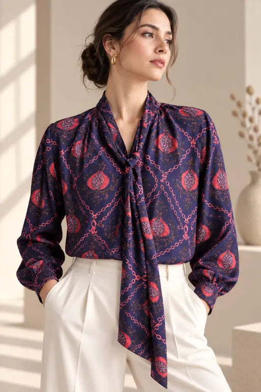 Tie Blouse In  Printed Silk