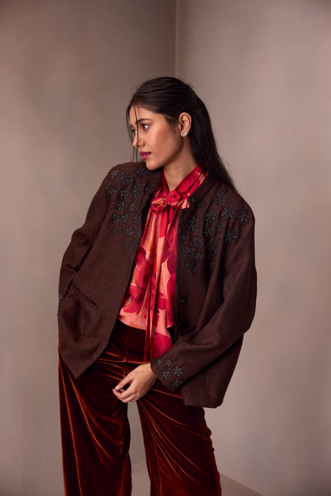 Sameera Jacket In Merino Wool With Flowers Embroidery