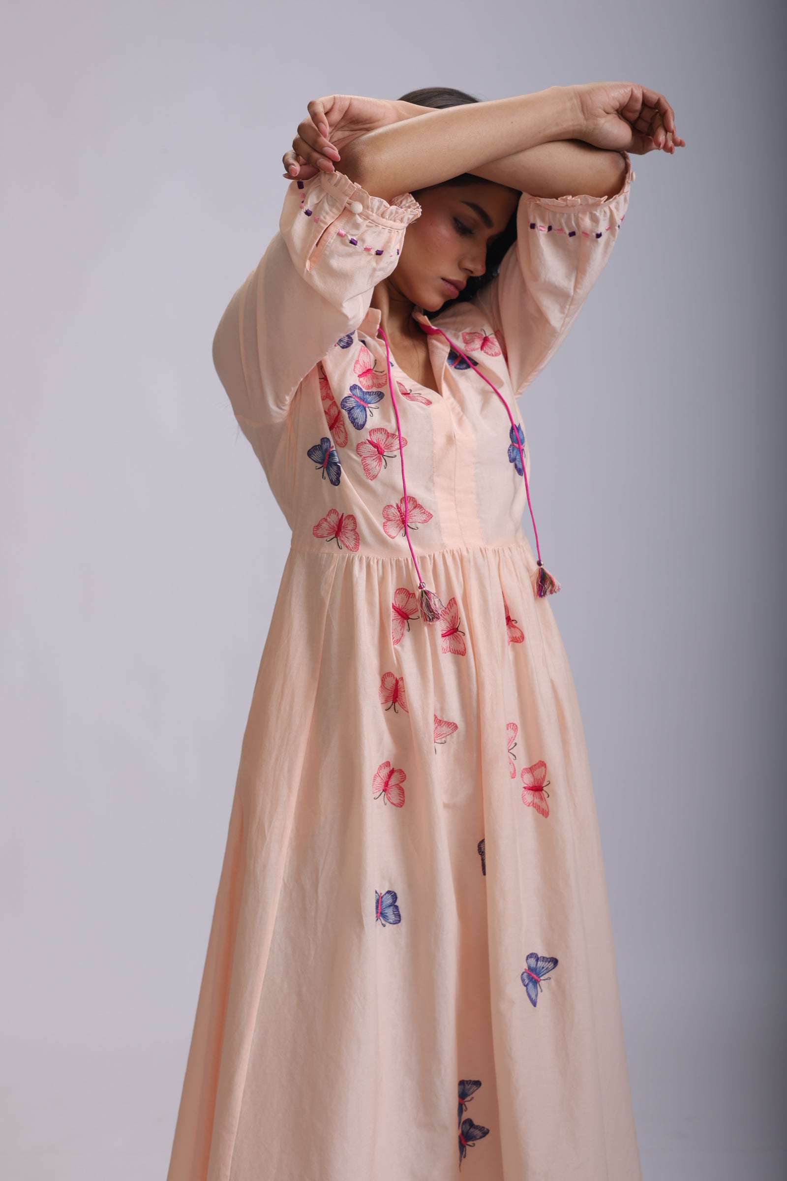 VEENA GATHERS DRESS WITH BUTTERFLIES EMBROIDERY